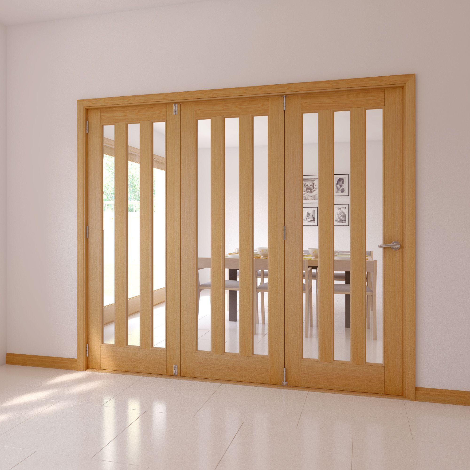 Saxton Vertical 3 panel 3 Lite Clear Glazed Contemporary Oak veneer Internal Tri-fold Door set, (H)2035mm (W)2374mm