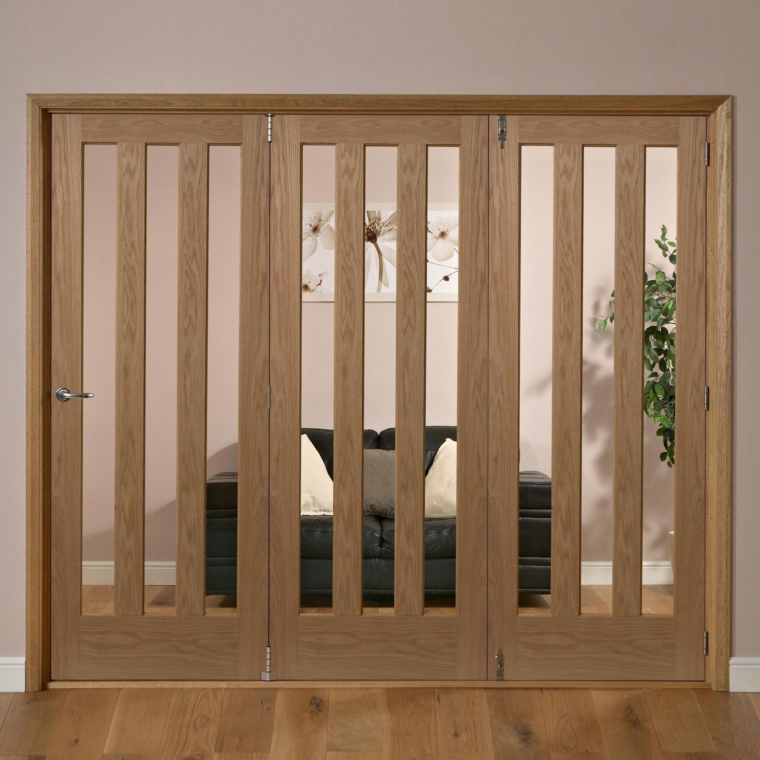 Saxton Vertical 3 panel 3 Lite Clear Glazed Contemporary Oak veneer Internal Tri-fold Door set, (H)2035mm (W)2374mm