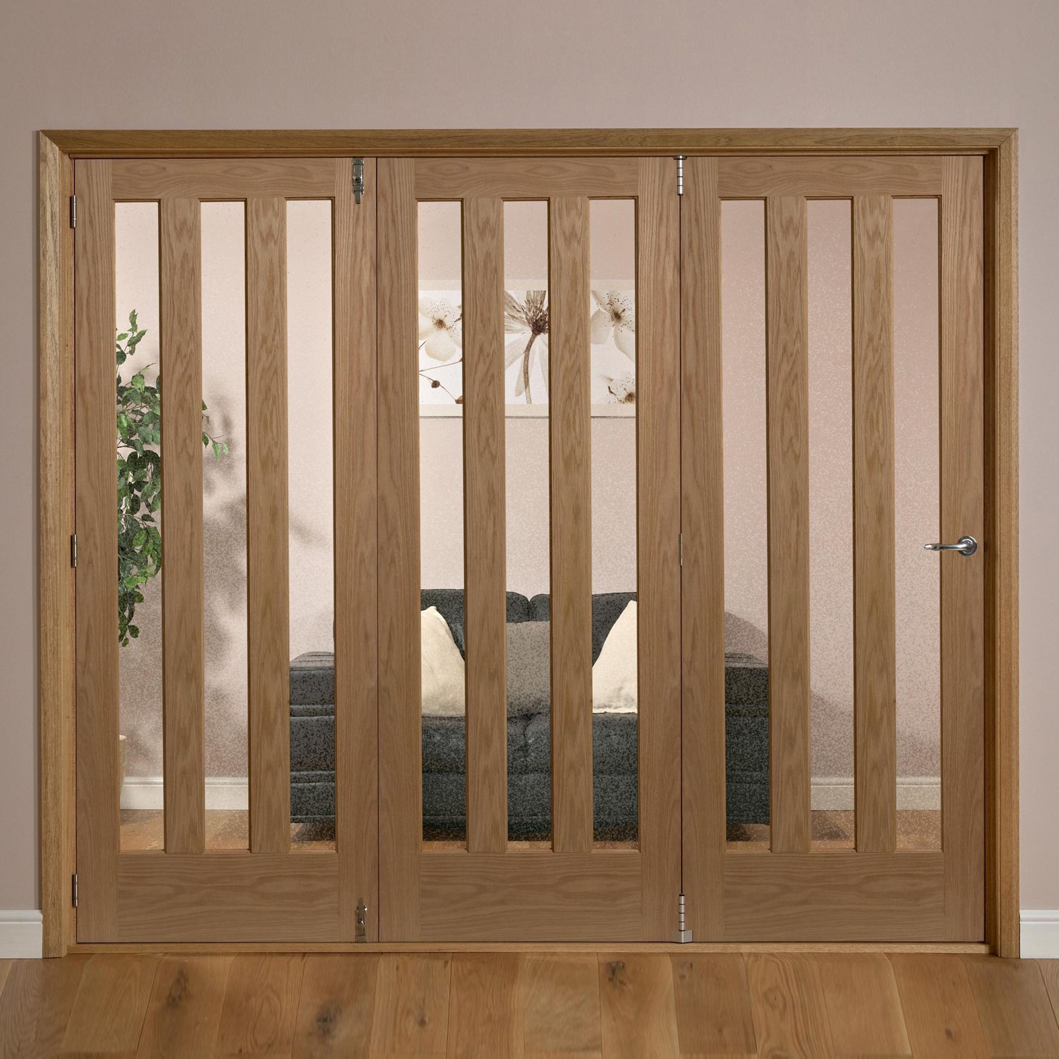 Saxton Vertical 3 panel 3 Lite Frosted Glazed Contemporary Oak veneer Internal Tri-fold Door set, (H)2035mm (W)2146mm