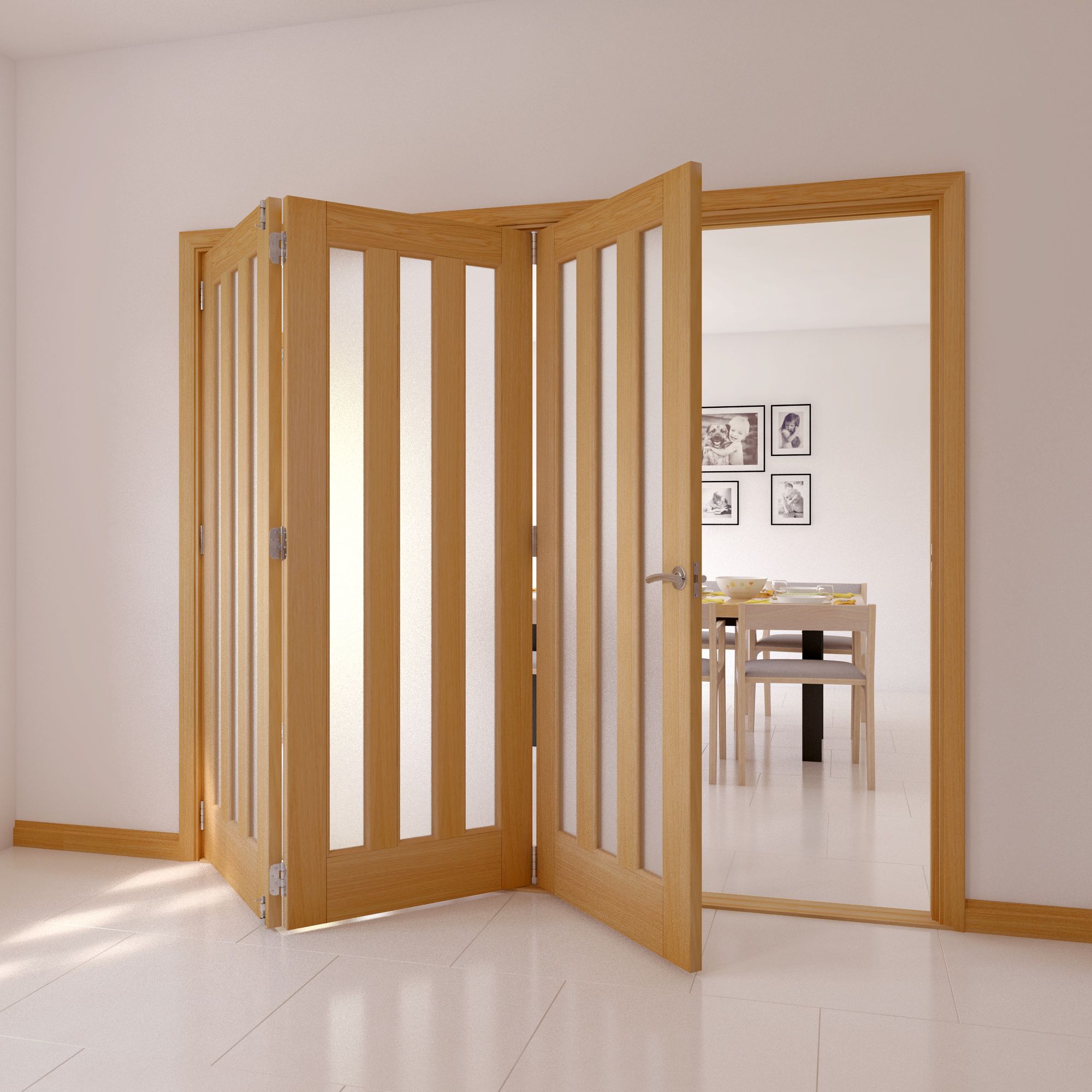 Saxton Vertical 3 panel 3 Lite Frosted Glazed Contemporary Oak veneer Internal Tri-fold Door set, (H)2035mm (W)2146mm