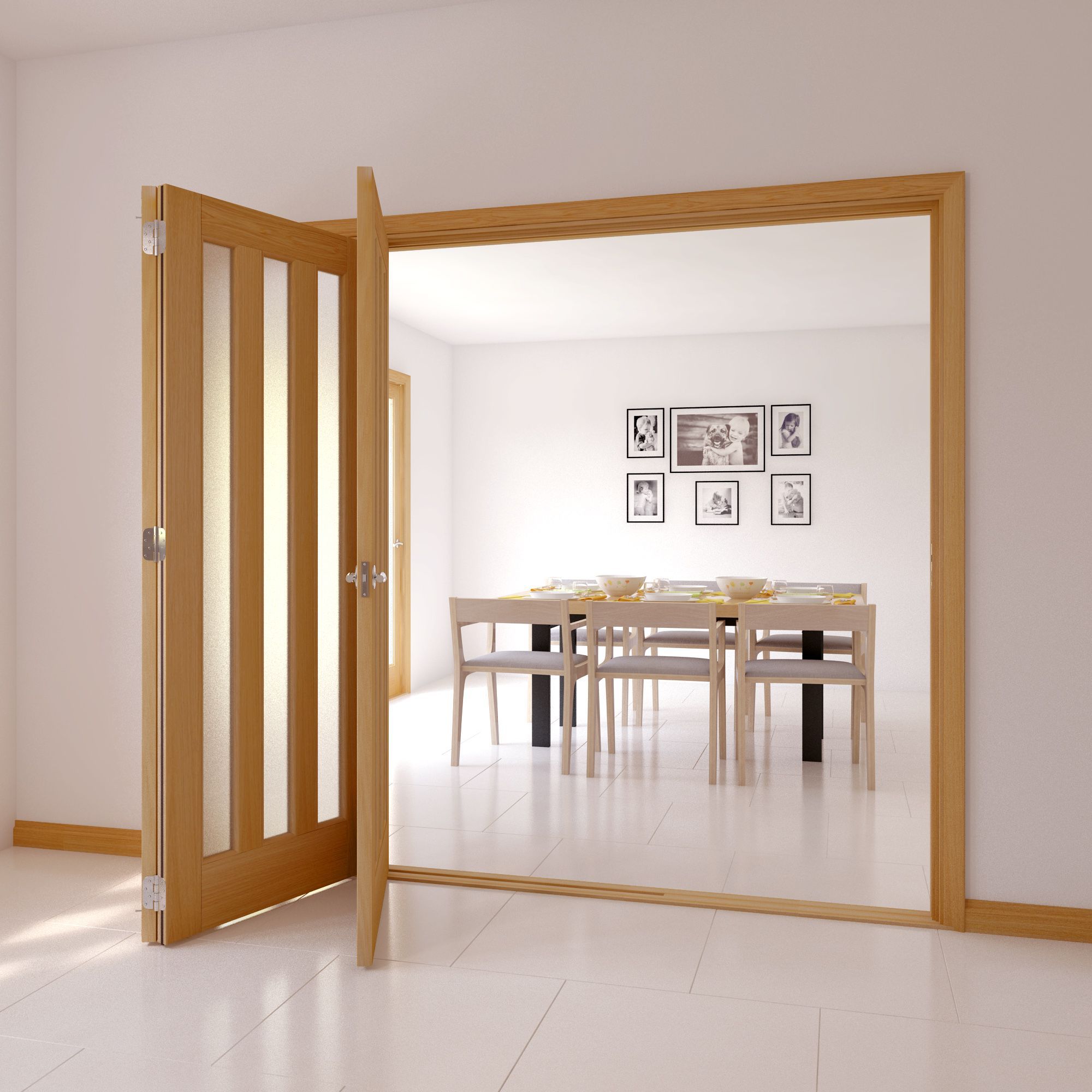 Saxton Vertical 3 panel 3 Lite Frosted Glazed Contemporary Oak veneer Internal Tri-fold Door set, (H)2035mm (W)2146mm