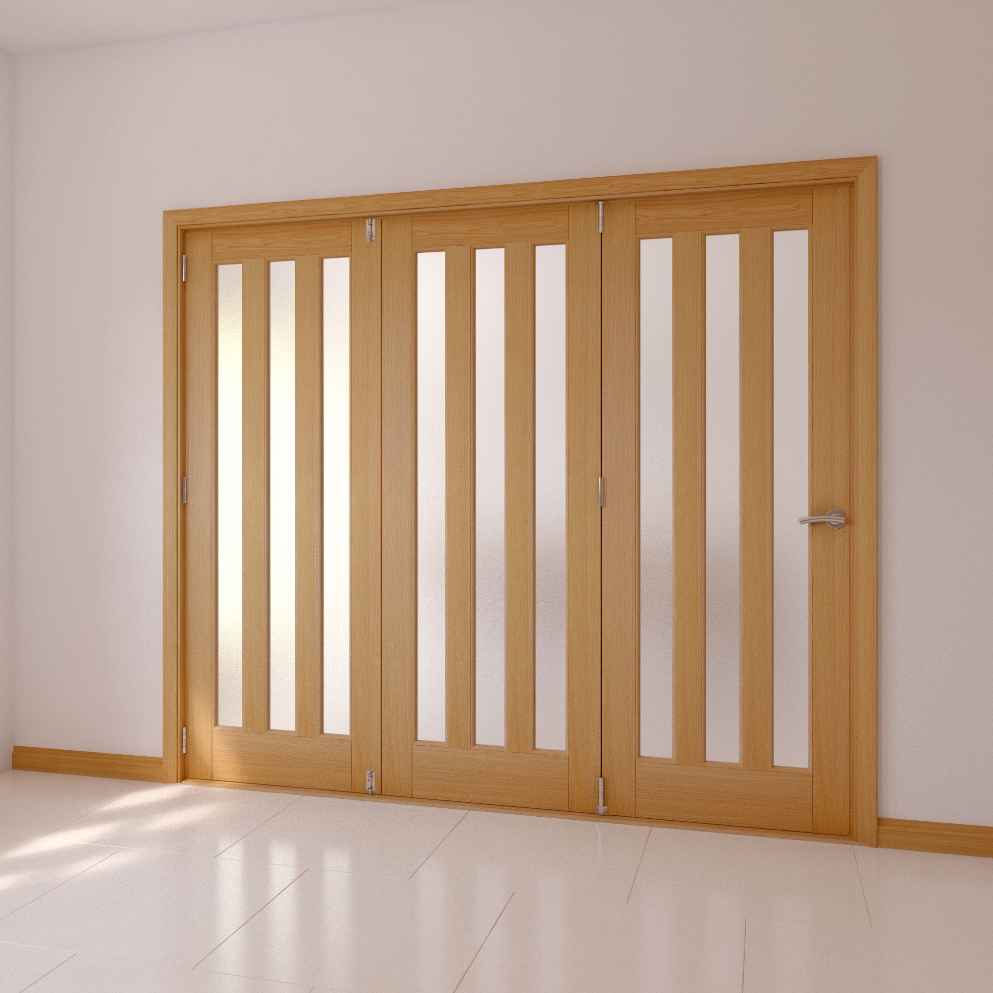 Saxton Vertical 3 panel 3 Lite Frosted Glazed Contemporary Oak veneer Internal Tri-fold Door set, (H)2035mm (W)2146mm