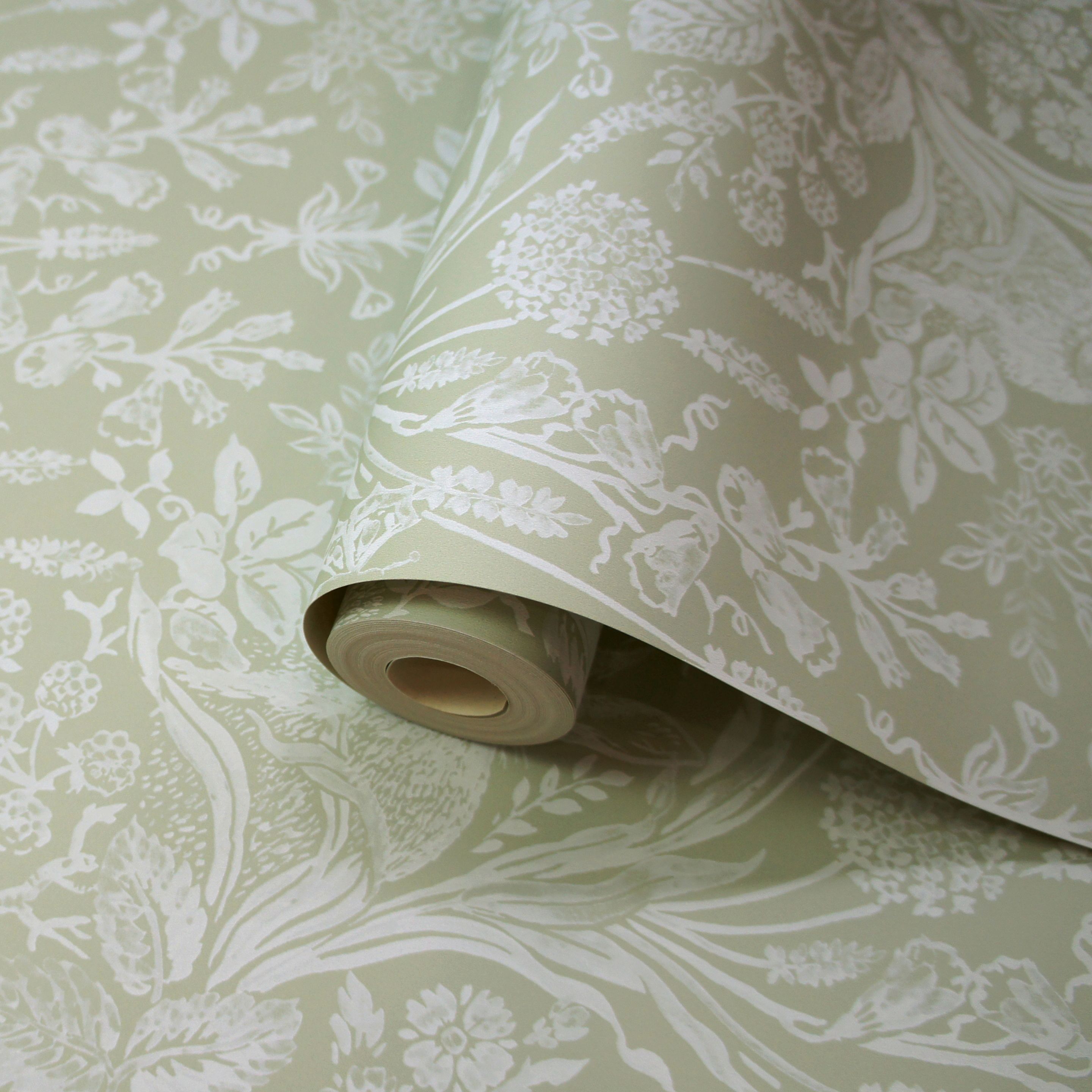 Scotney Green Damask Smooth Wallpaper