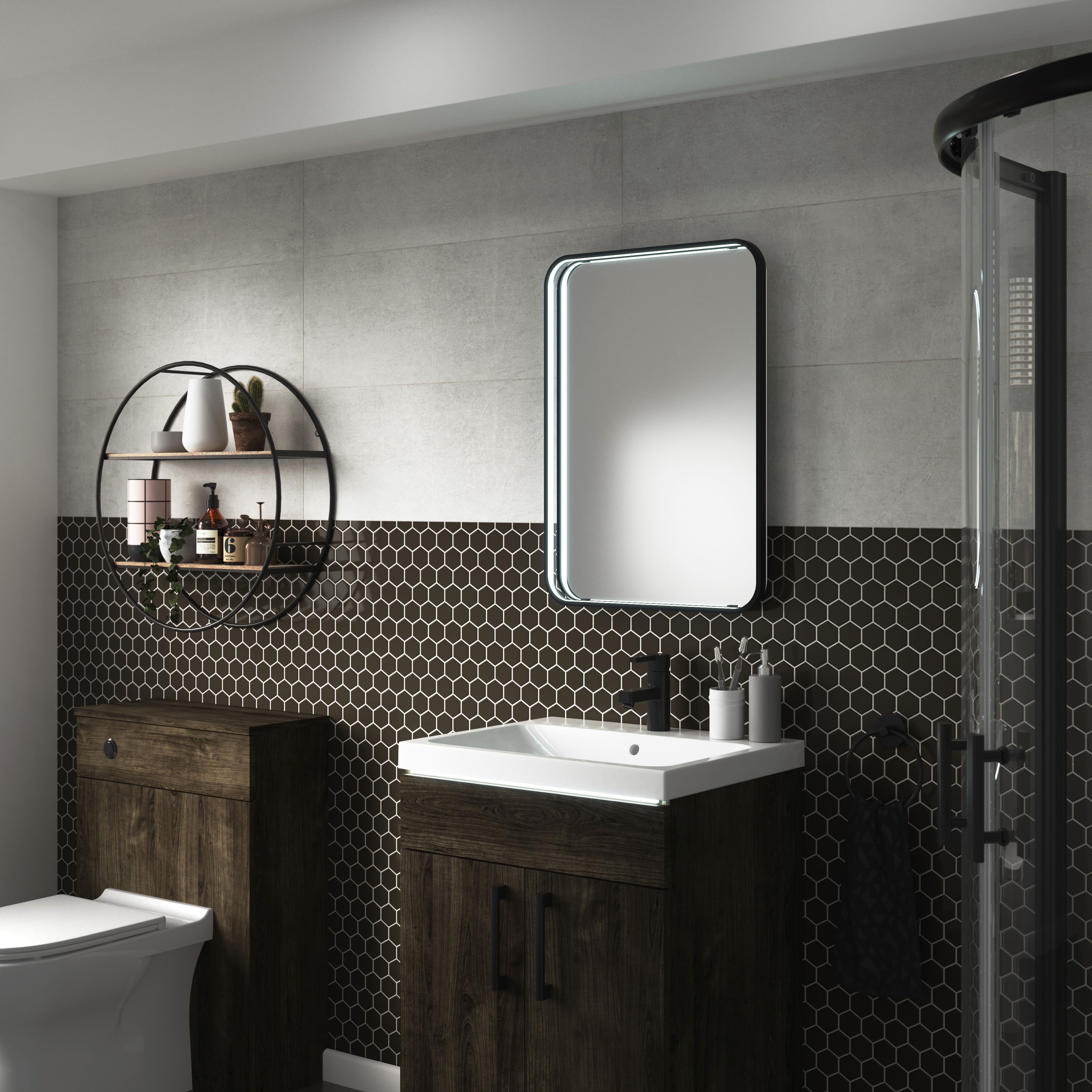 Sensio Aspect Matt Black Rectangular Wall-mounted Bathroom Illuminated Contemporary Mirror (H)70cm (W)50cm