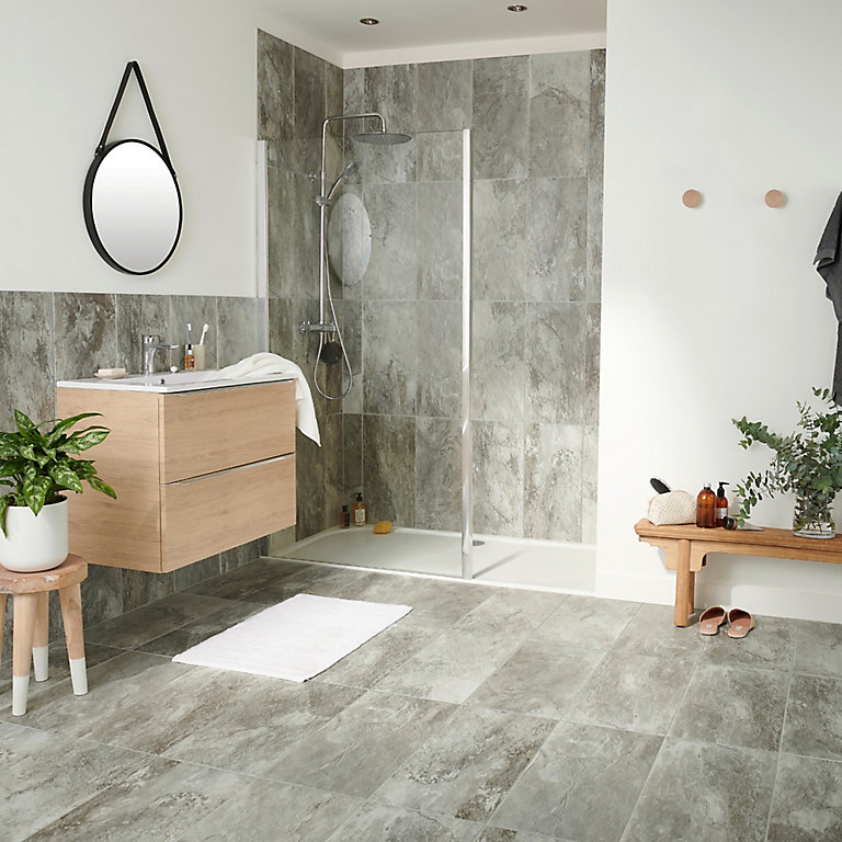 Shaded Slate Grey Matt Stone Effect, White Slate Bathroom Tiles