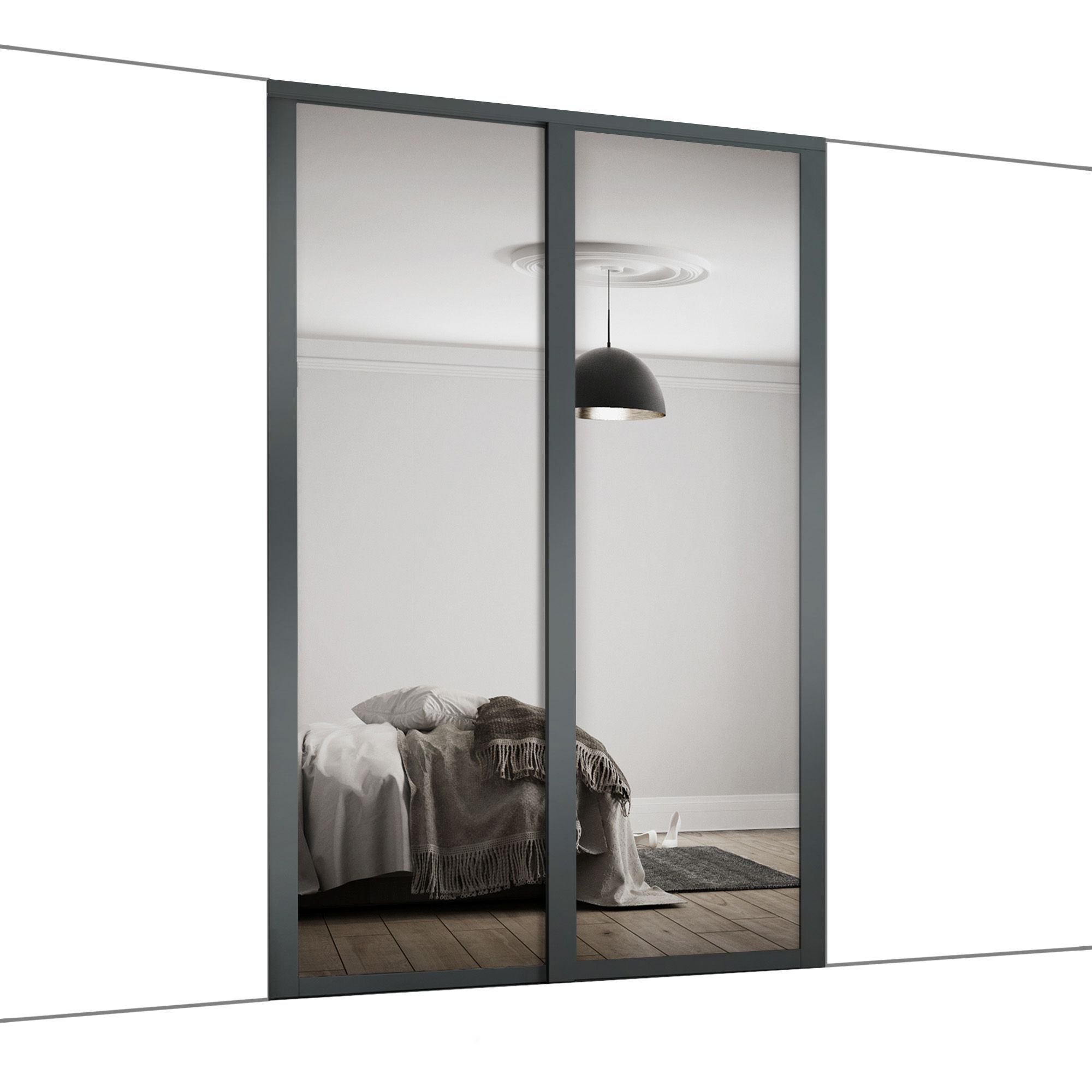 Shaker Mirrored Graphite 2 door Sliding Wardrobe Door kit (H)2260mm (W)1449mm