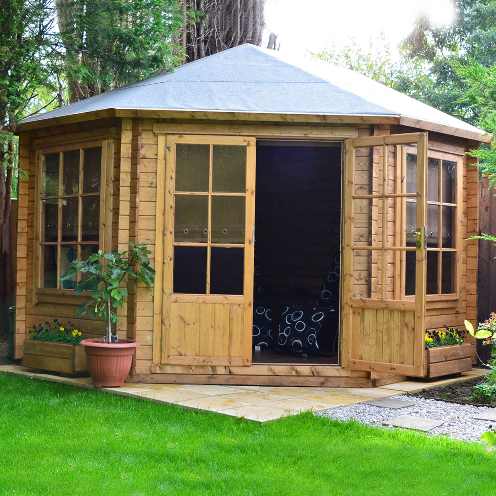 Shire Belvoir 10x10 ft Toughened glass & 1 window Apex Wooden Cabin with Felt tile roof
