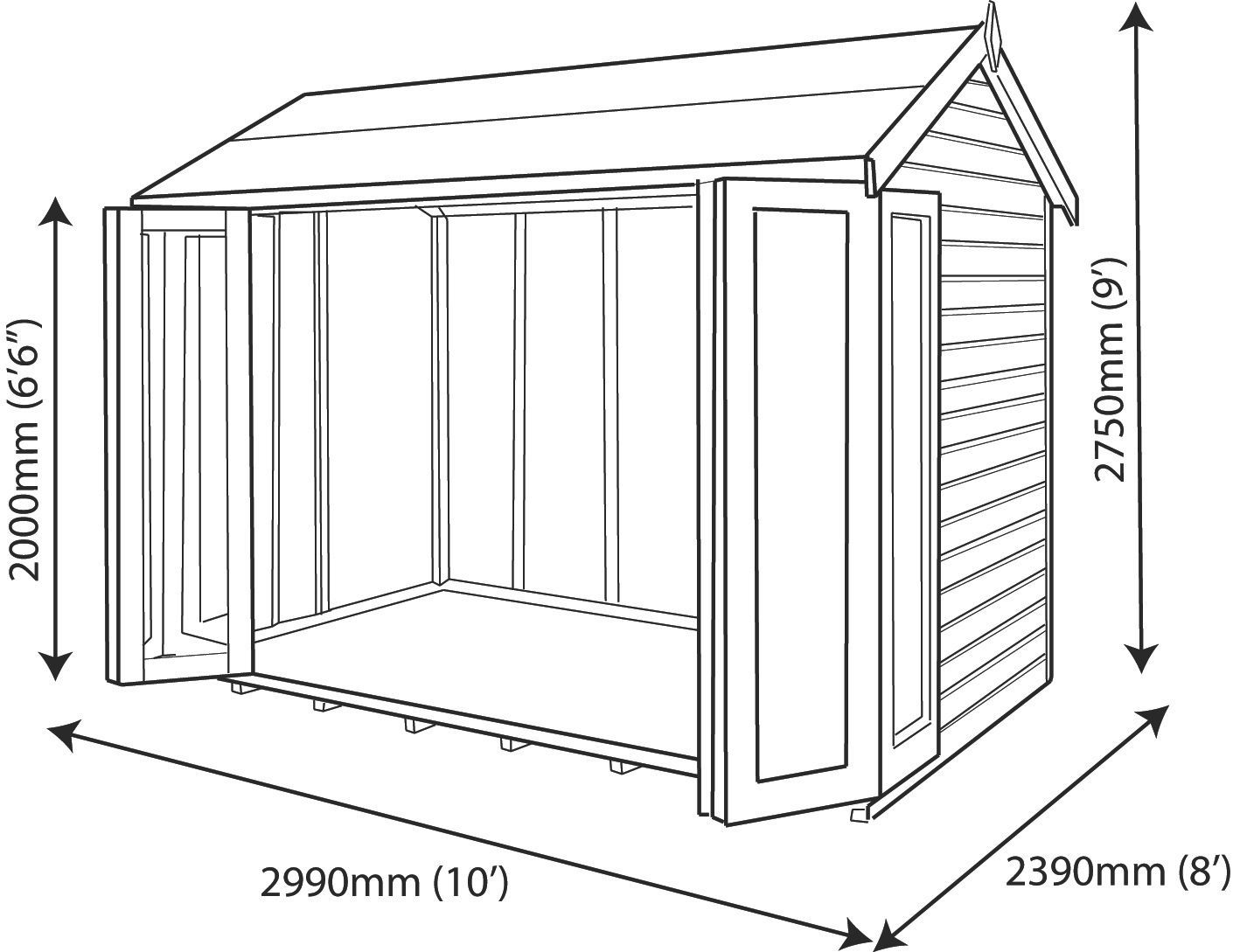 Shire Blenheim 10x8 ft with Bi-fold door & 2 windows Apex Wooden Summer house