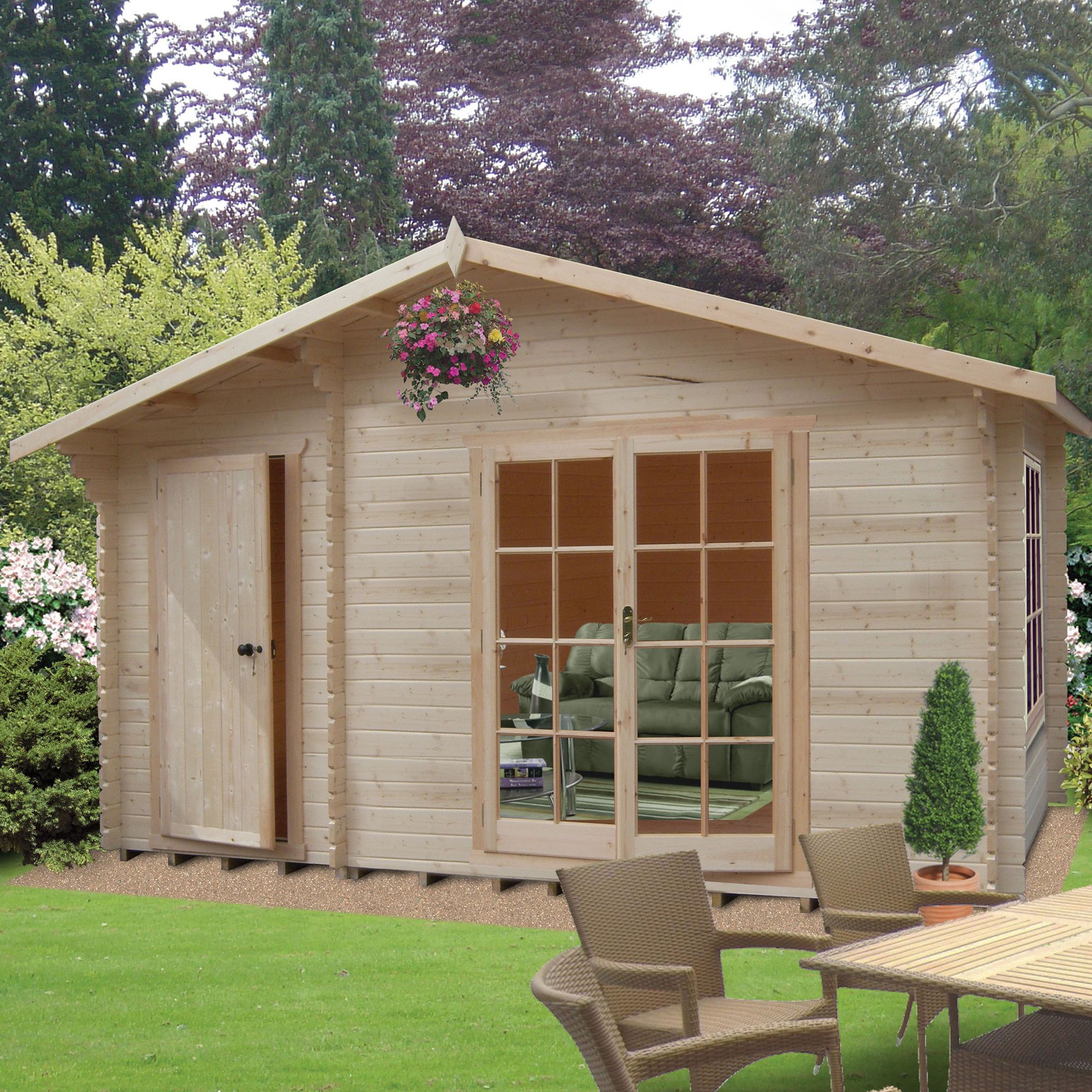 Shire Bourne 10x14 ft Toughened glass & 1 window Apex Wooden Cabin - Assembly service included