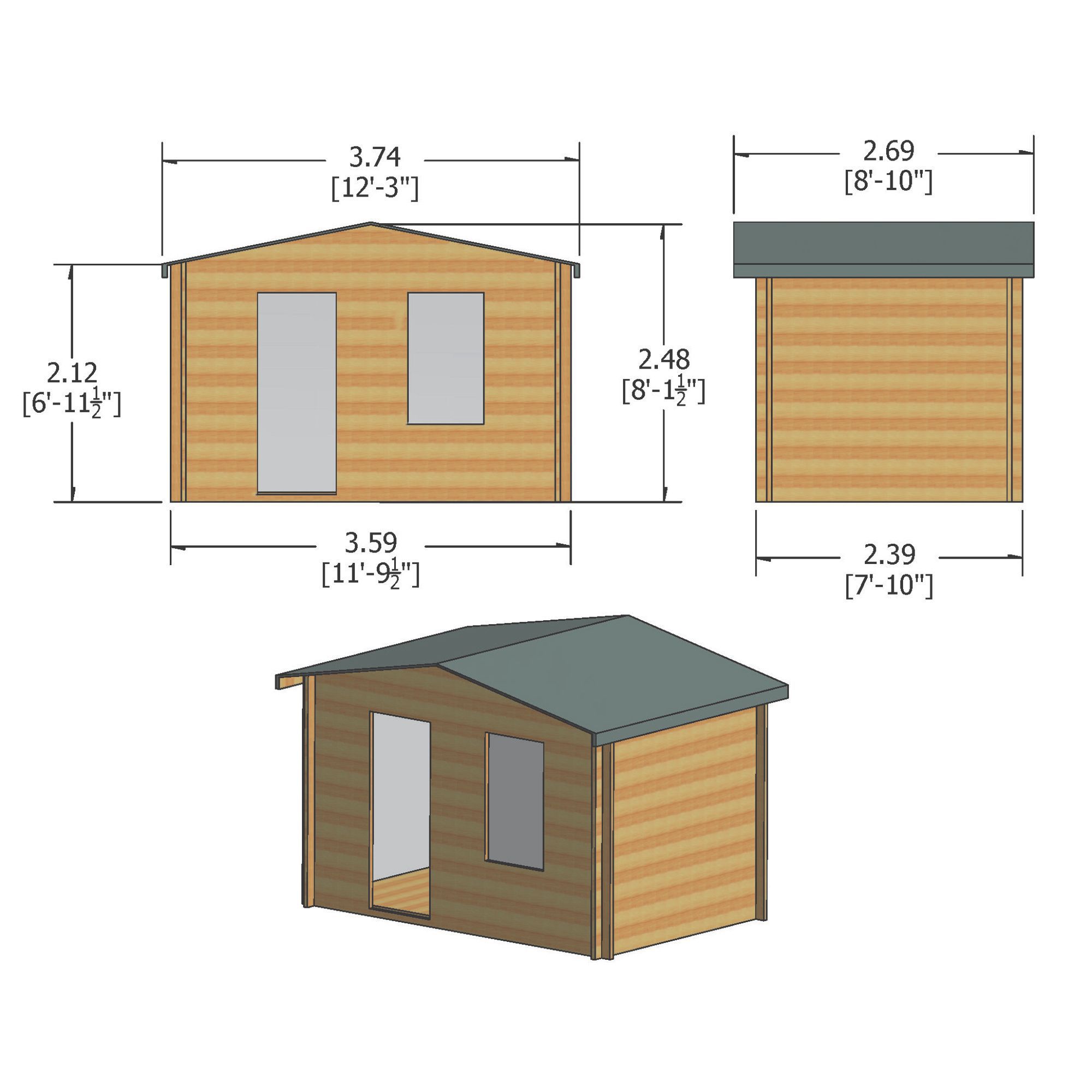 Shire Bucknells 12x8 ft Toughened glass & 1 window Apex Wooden Cabin with Tile roof