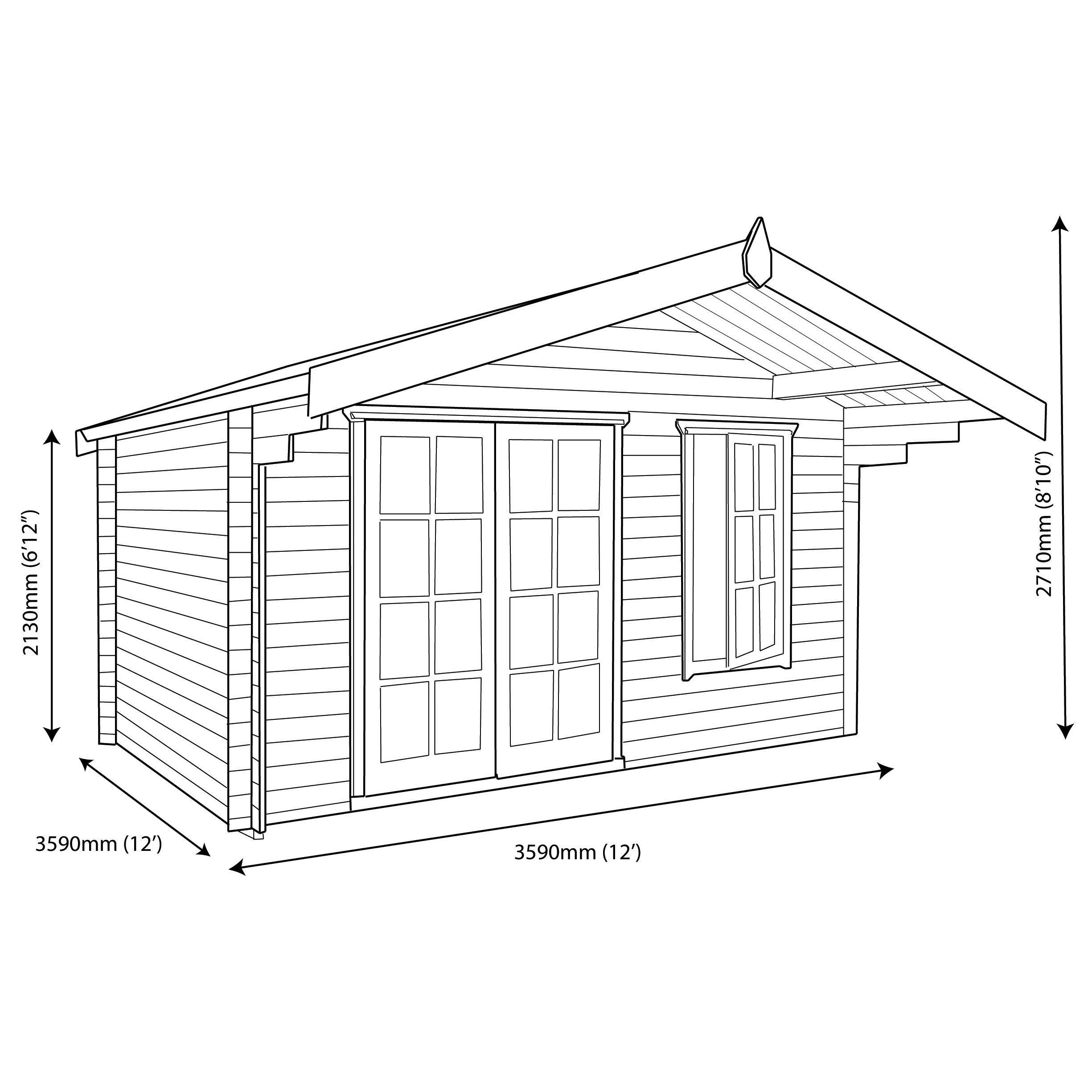 Shire Cannock 12x12 ft Toughened glass & 1 window Apex Wooden Cabin with Felt tile roof