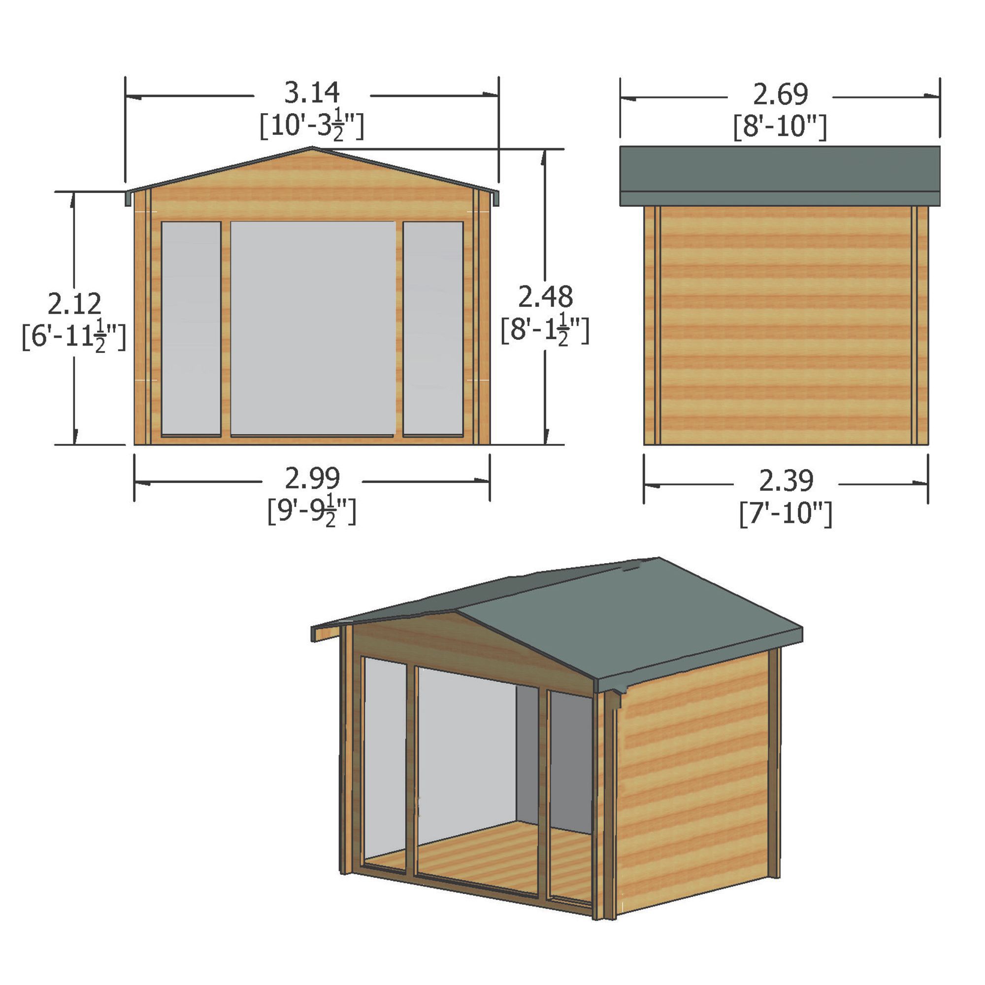 Shire Epping 10x8 ft Toughened glass & 2 windows Apex Wooden Cabin with Tile roof