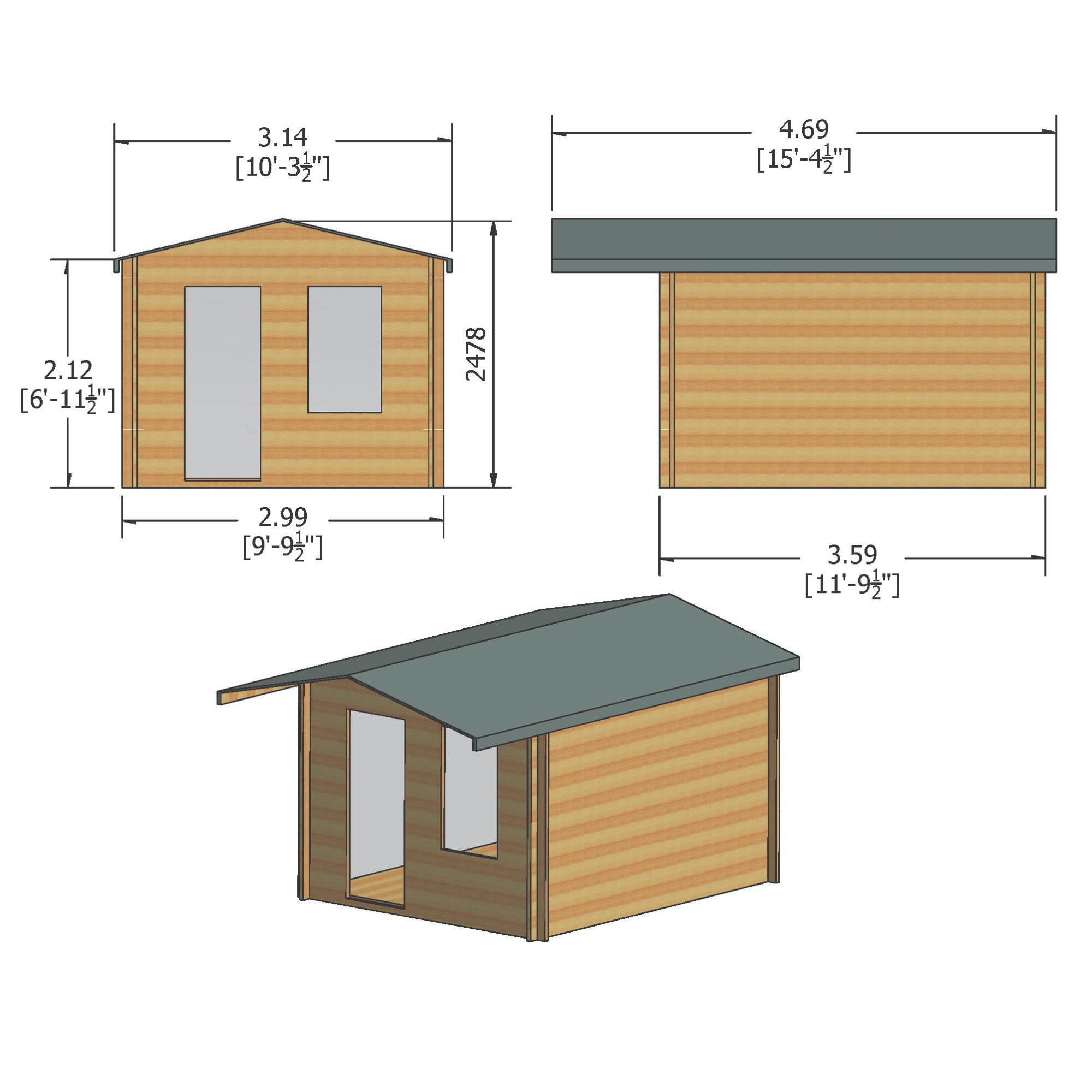 Shire Hopton 10x12 ft Toughened glass & 1 window Apex Wooden Cabin with Tile roof