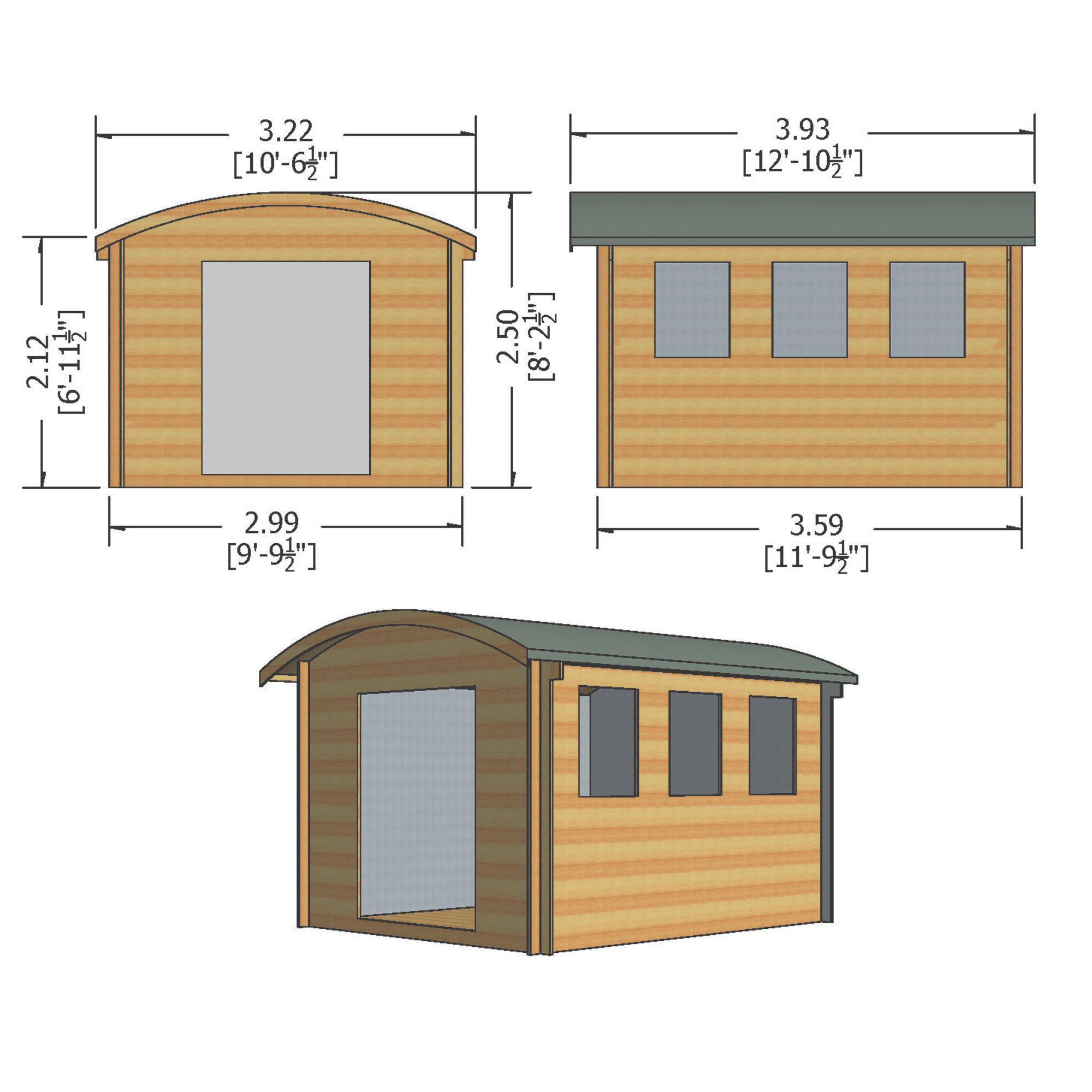 Shire Kilburn 10x12 ft Toughened glass & 3 windows Curved Wooden Cabin