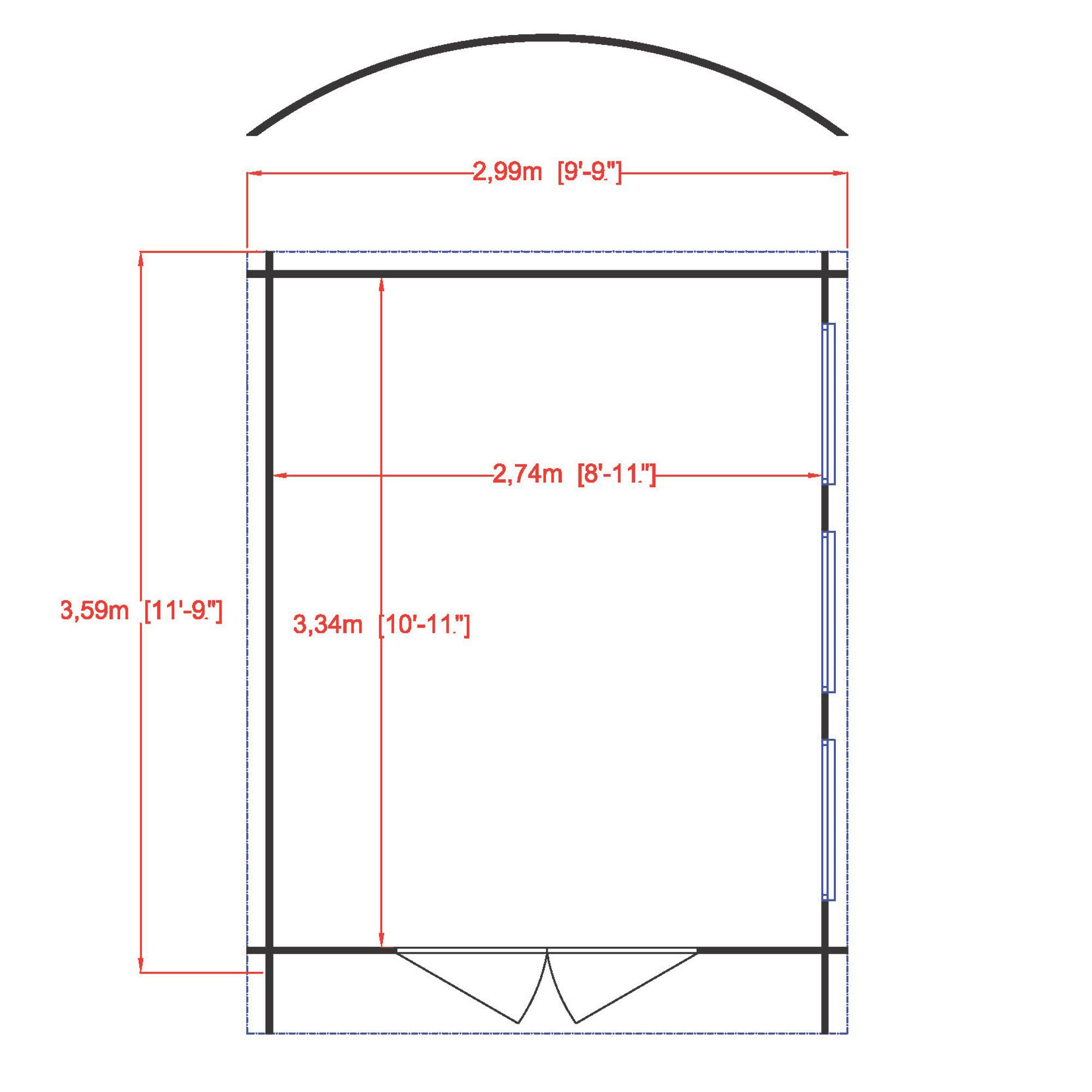 Shire Kilburn 10x12 ft Toughened glass & 3 windows Curved Wooden Cabin
