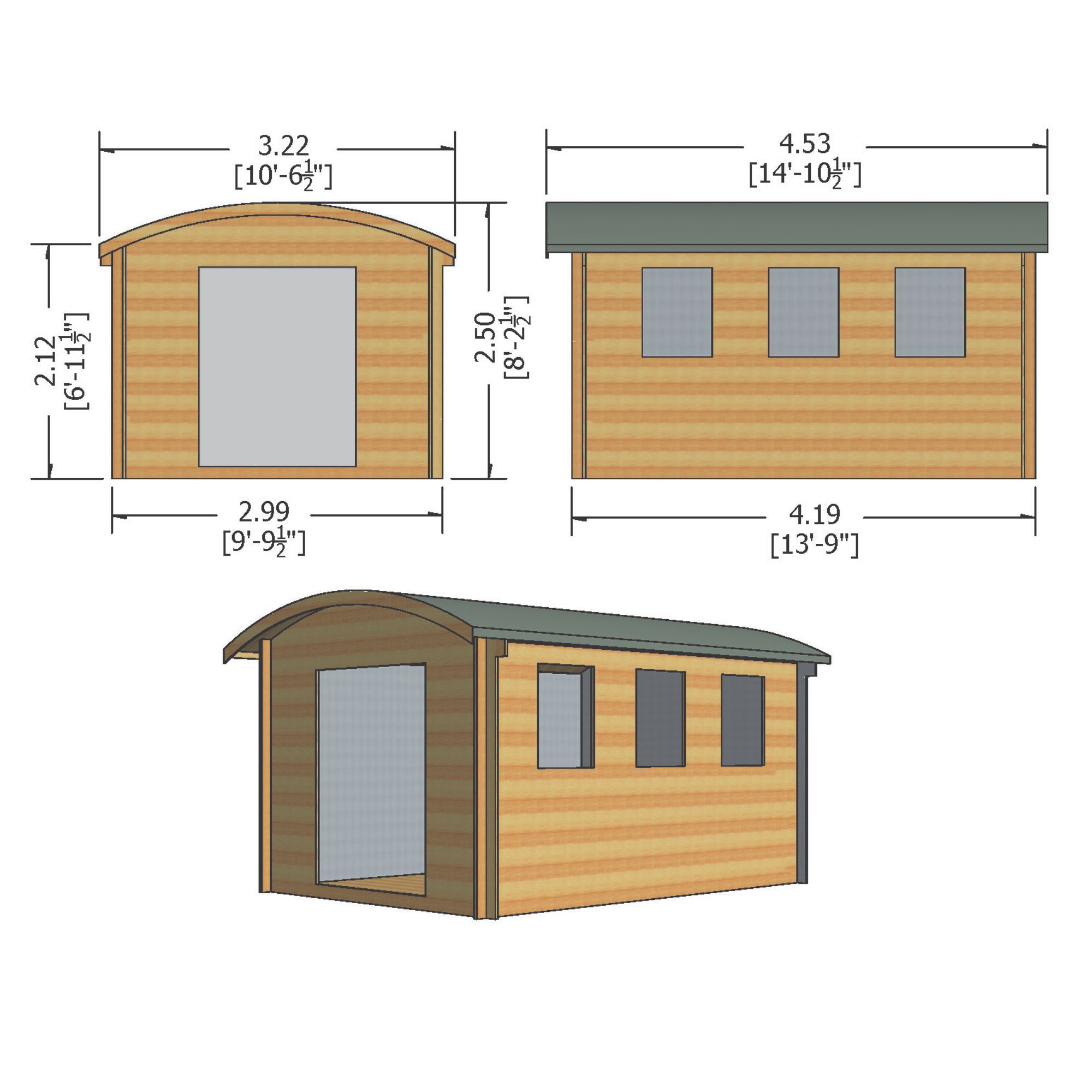 Shire Kilburn 10x14 ft Toughened glass & 3 windows Curved Wooden Cabin