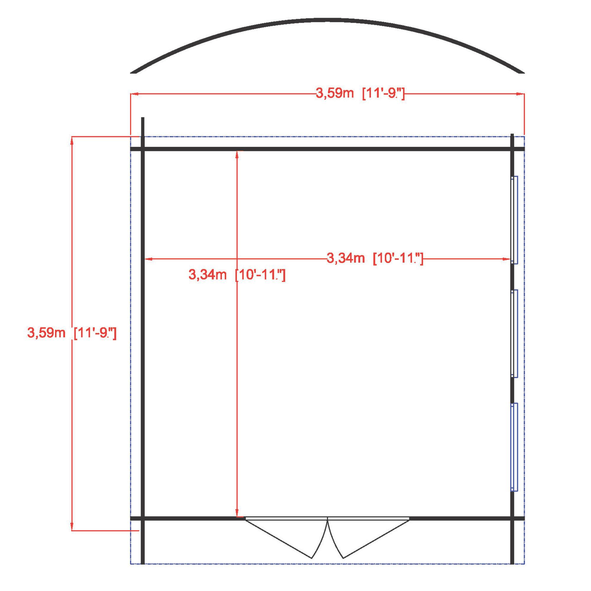 Shire Kilburn 12x12 ft Toughened glass & 3 windows Curved Wooden Cabin