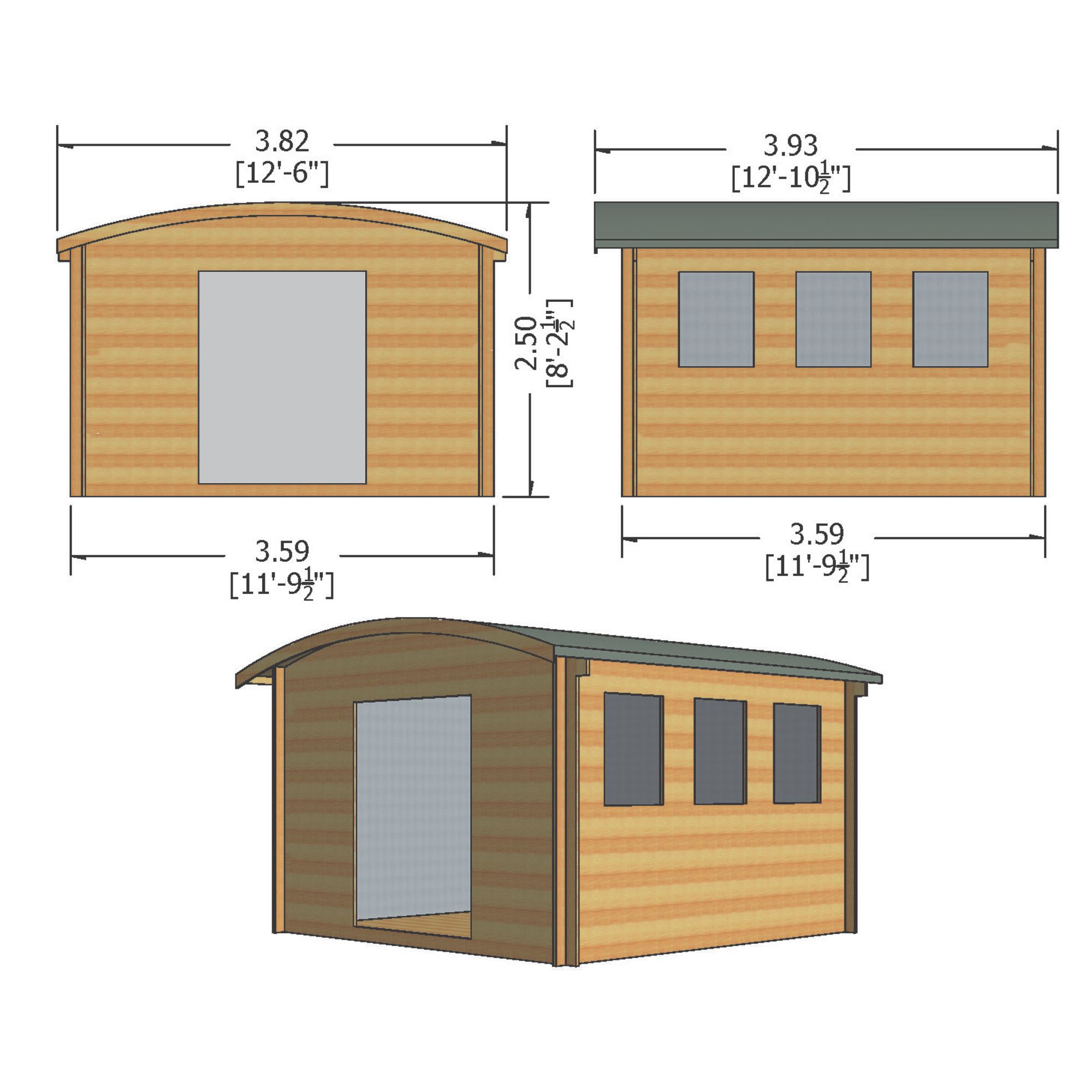 Shire Kilburn 12x12 ft Toughened glass & 3 windows Curved Wooden Cabin