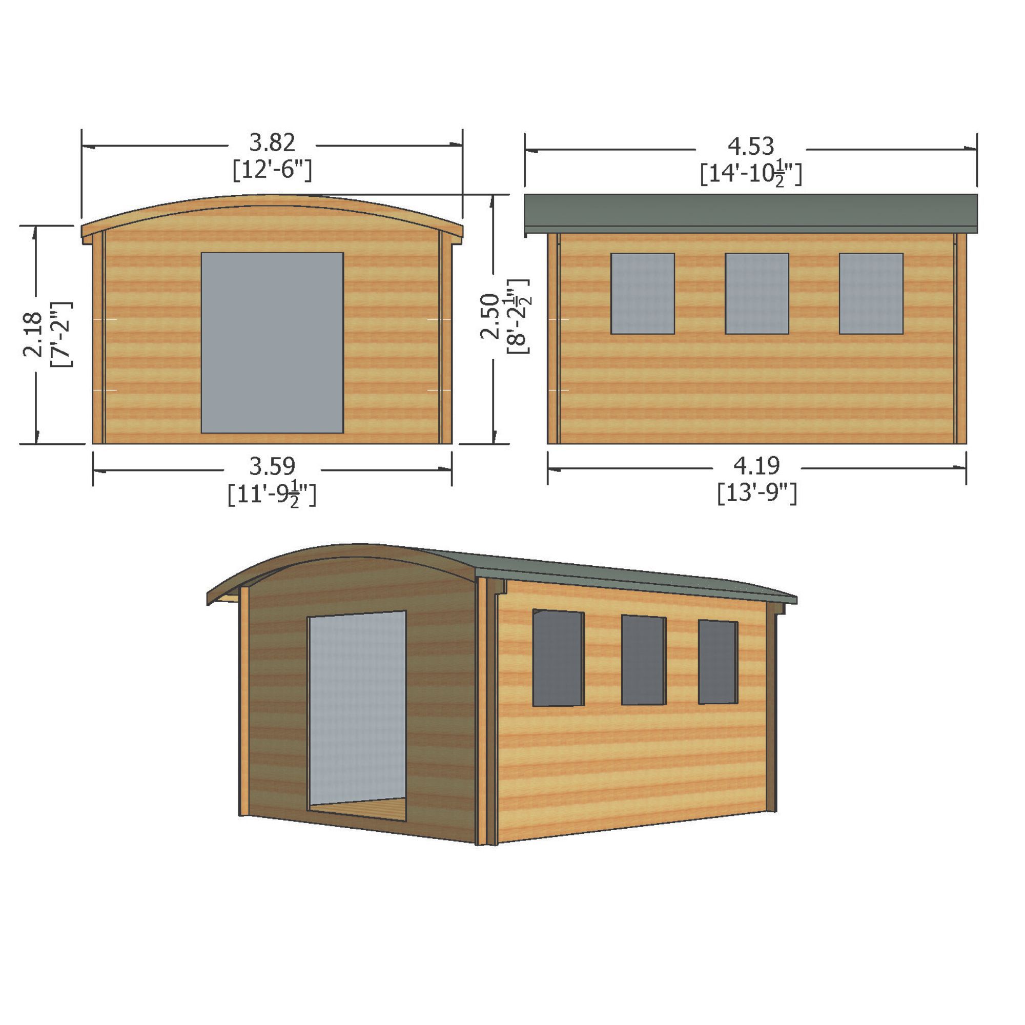 Shire Kilburn 12x14 ft Toughened glass & 3 windows Curved Wooden Cabin