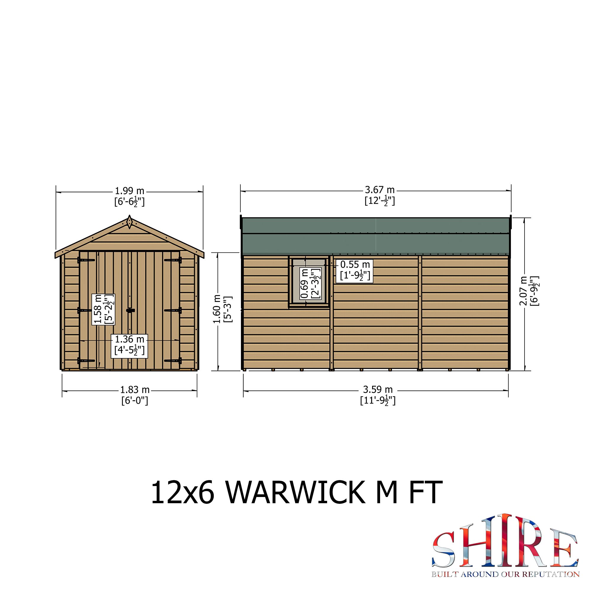 Shire Warwick Shiplap 12x6 ft Apex Wooden Dip treated 2 door Shed with floor - Assembly service included