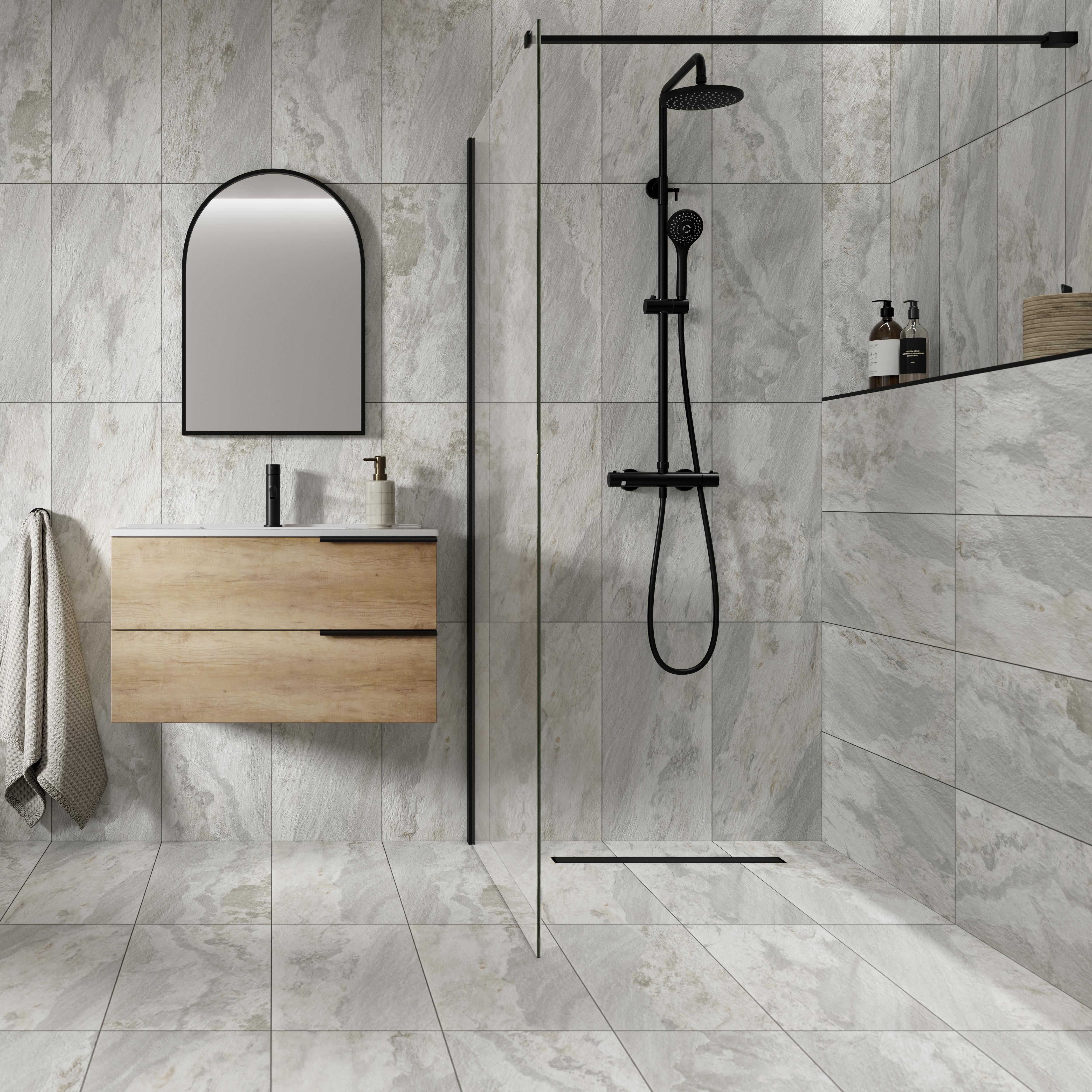 Sierra White Matt Stone effect Porcelain Indoor Wall & floor Tile, Pack of 7, (L)600mm (W)300mm