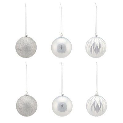 Silver Glitter effect Plastic Assorted Bauble, Set of 6