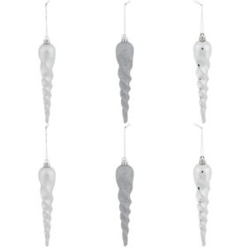 Silver Glitter effect Plastic Icicle Bauble, Set of 6