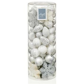 Silver Glitter effect Plastic Mixed Decoration, Pack of 84