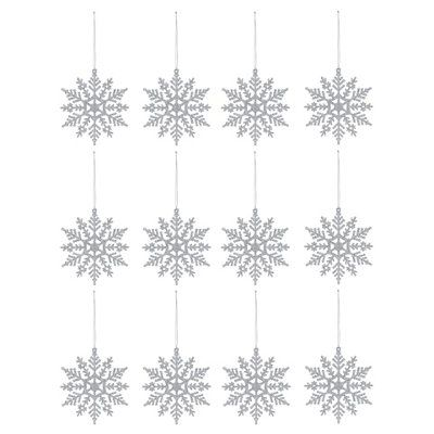Silver Glitter effect Plastic Snowflake Hanging decoration set, Set of 12