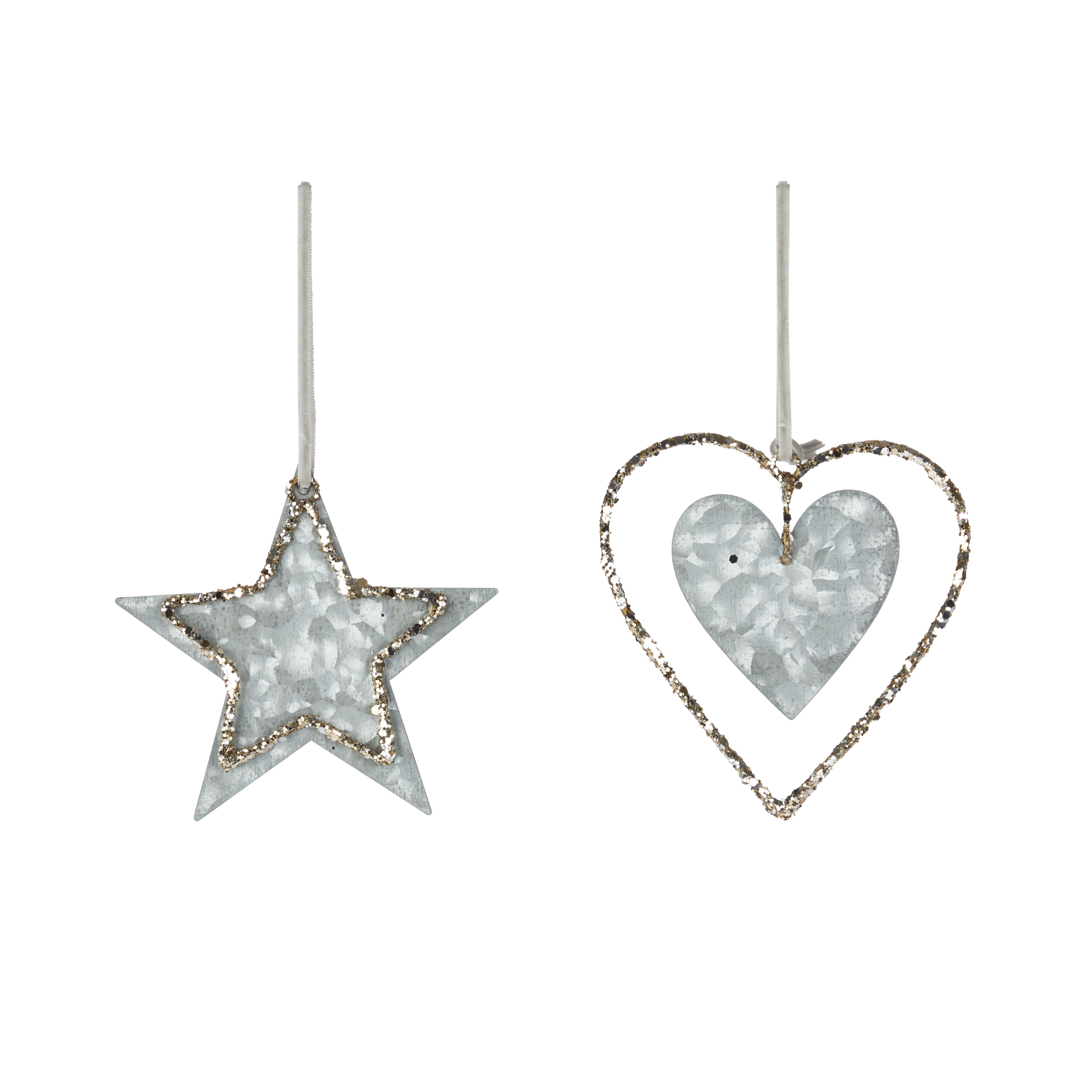 Silver Metallic & glitter effect Metal Star & heart Decoration, Set of ...