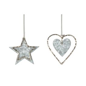 Silver Metallic & glitter effect Star & heart Decoration, Set of 2