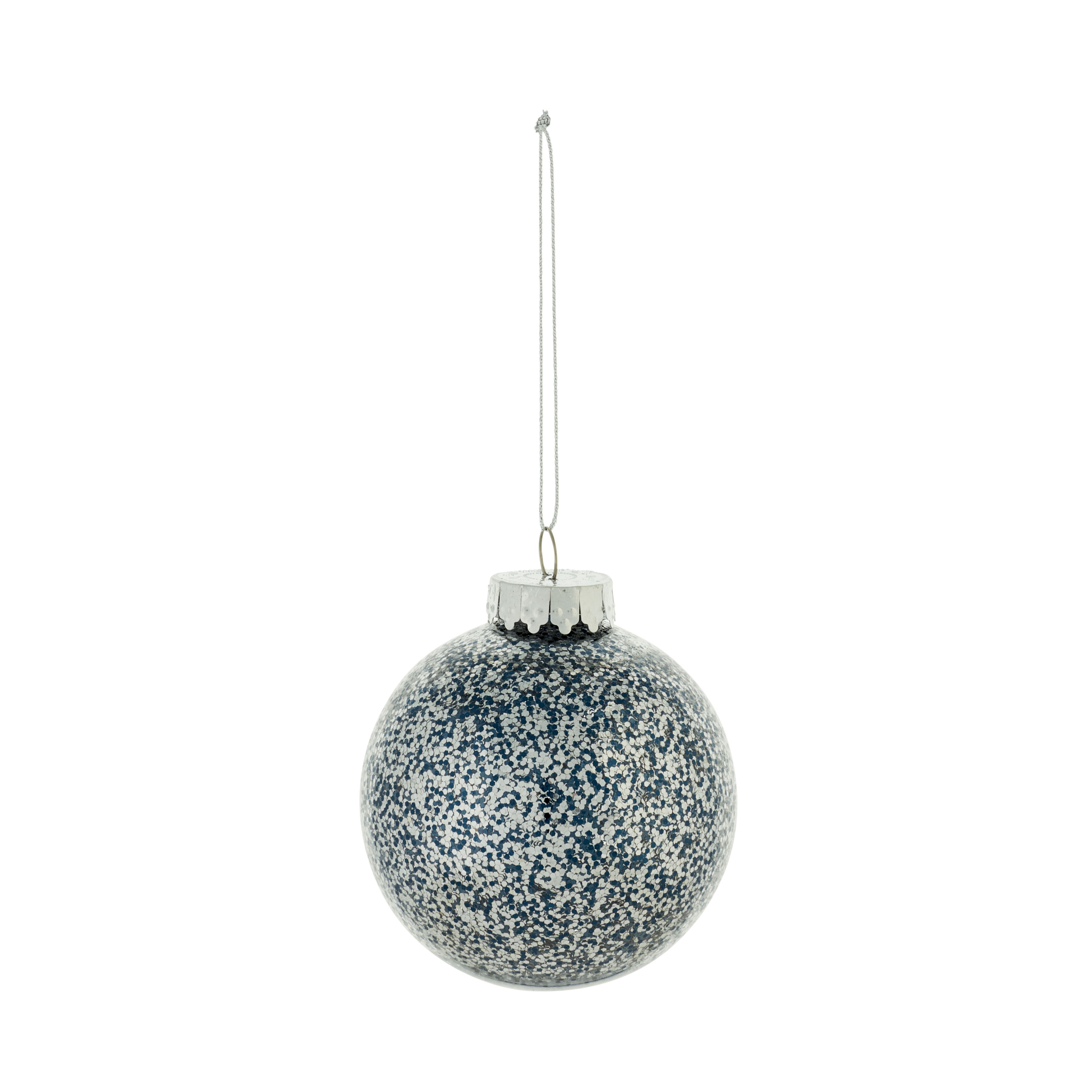 Silver & navy Glitter effect Plastic Speckled sequin Bauble