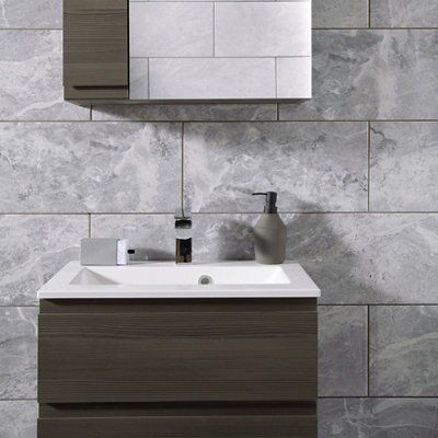 Silverthorne marble Silver Gloss Plain Marble effect Ceramic Tile, Pack of 8, (L)248mm (W)498mm