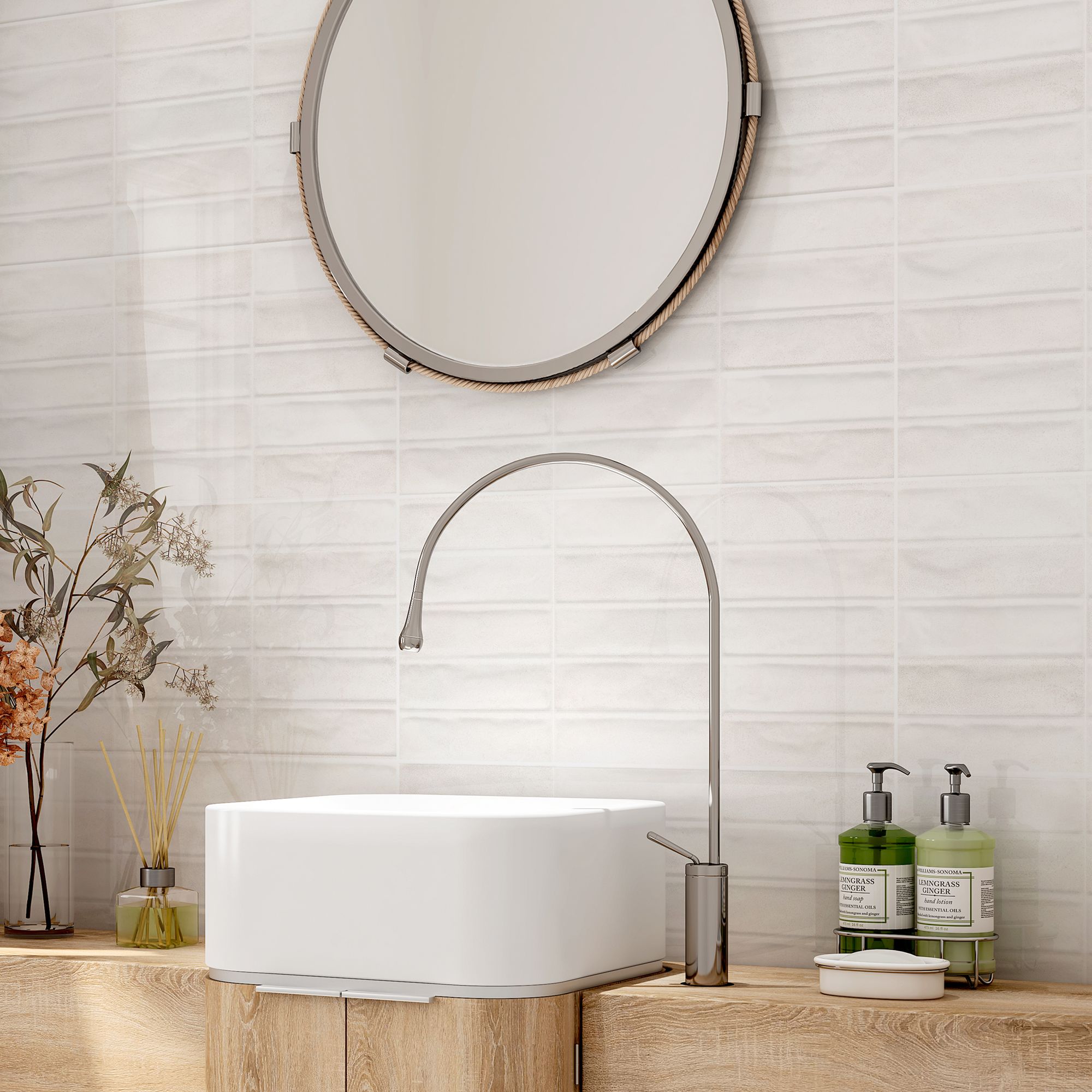 Sirene Off white Gloss Textured Ceramic Indoor Wall tile, Pack of 8, (L)605mm (W)305mm
