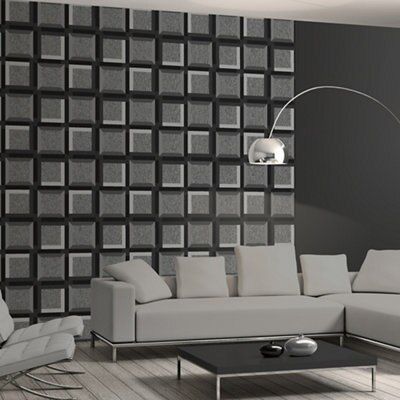 SKIP18B MURIVA 3D SQUARES CHARCOAL WALLP