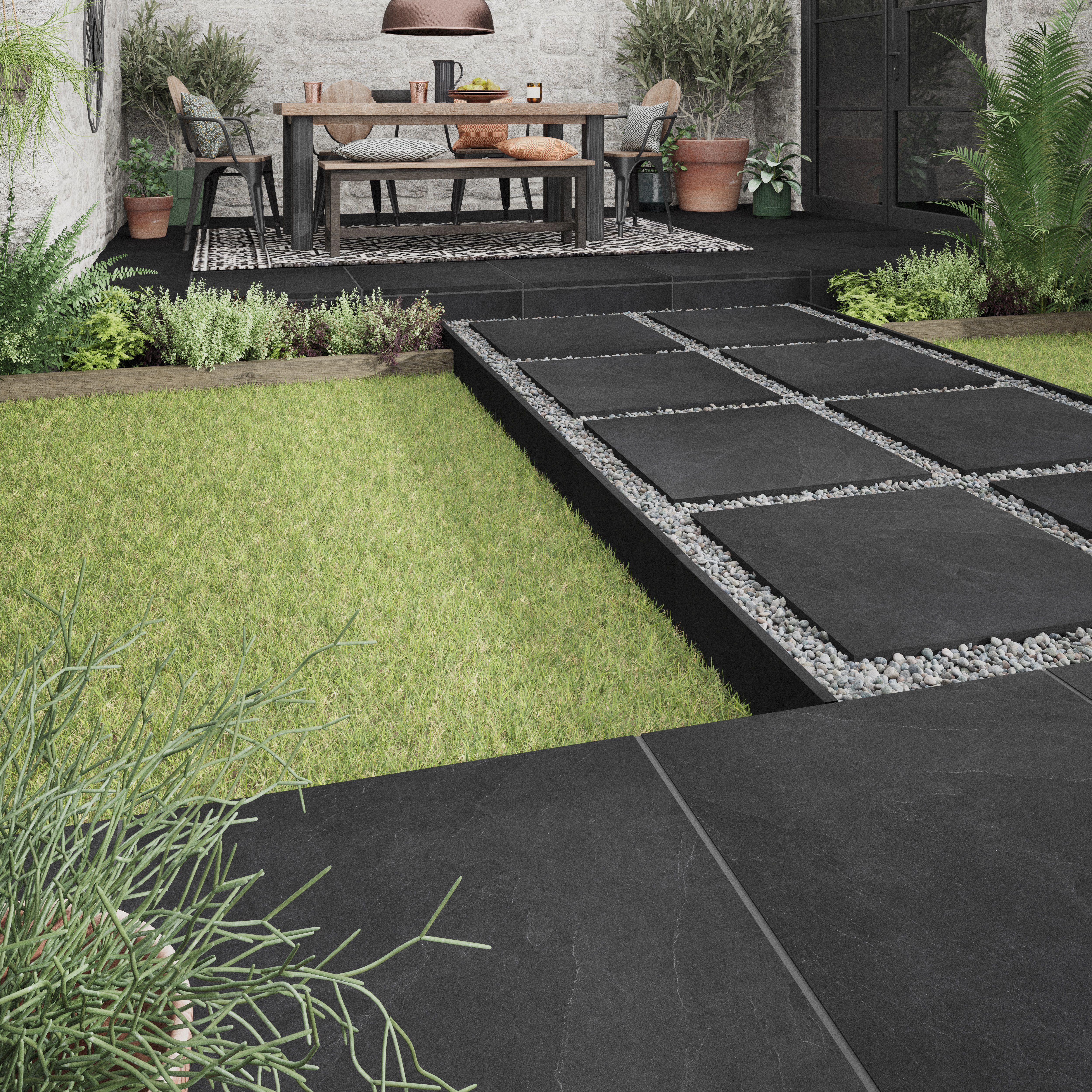 Slate Black Matt Stone effect Porcelain Outdoor Floor Tile, Pack of 2 ...