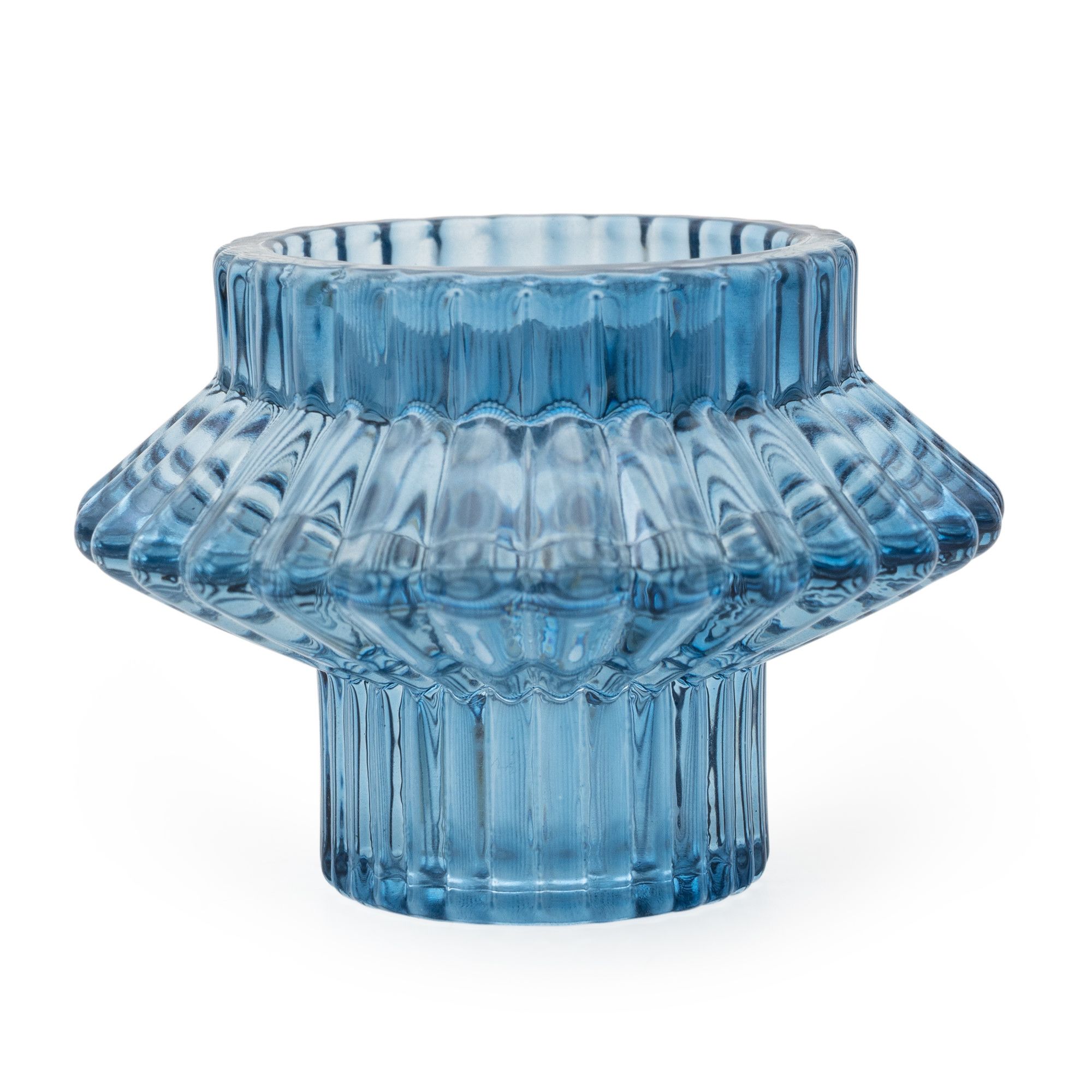 Ribbed Blue Glass Candle Holder