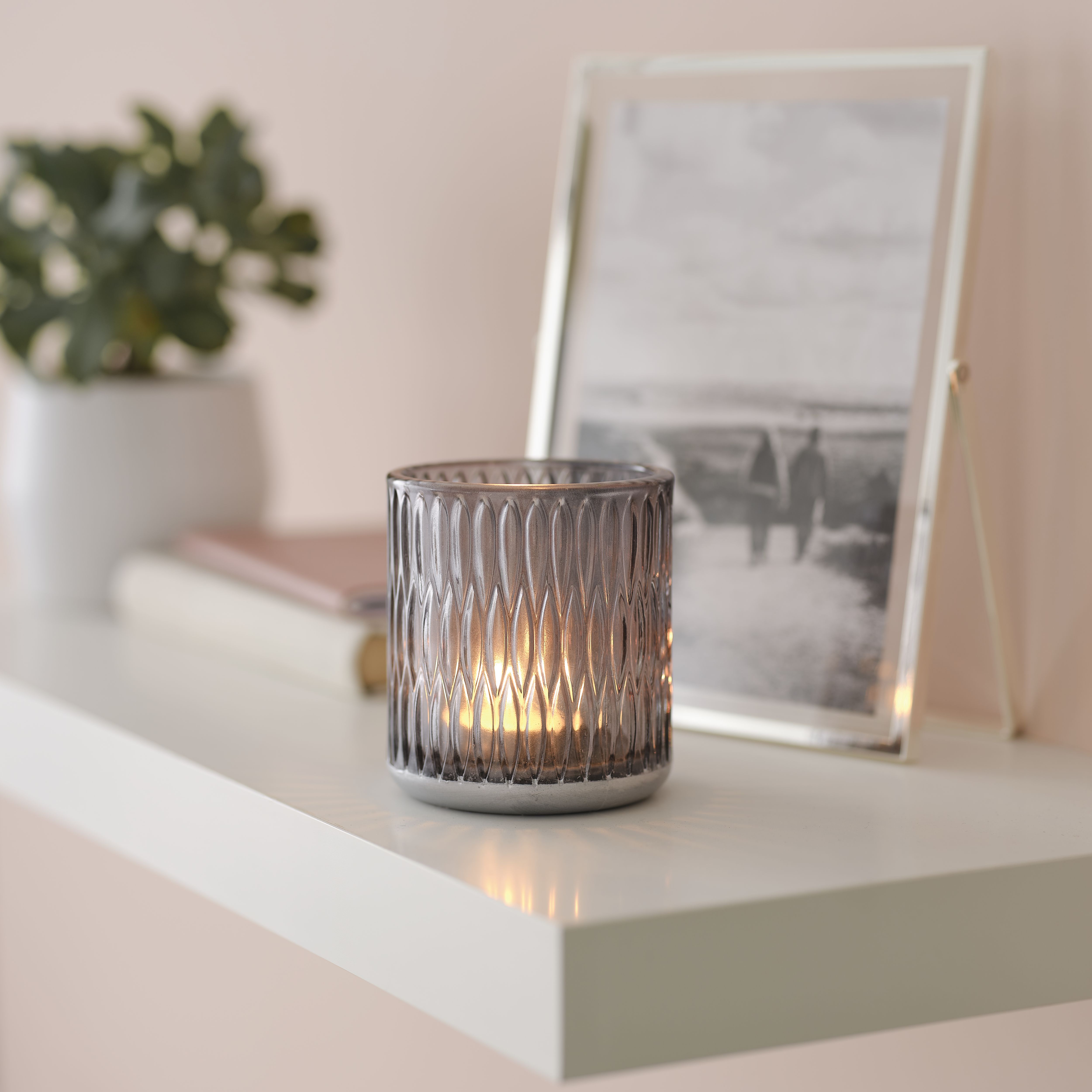 Small Grey Dashes Glass Tea light holder