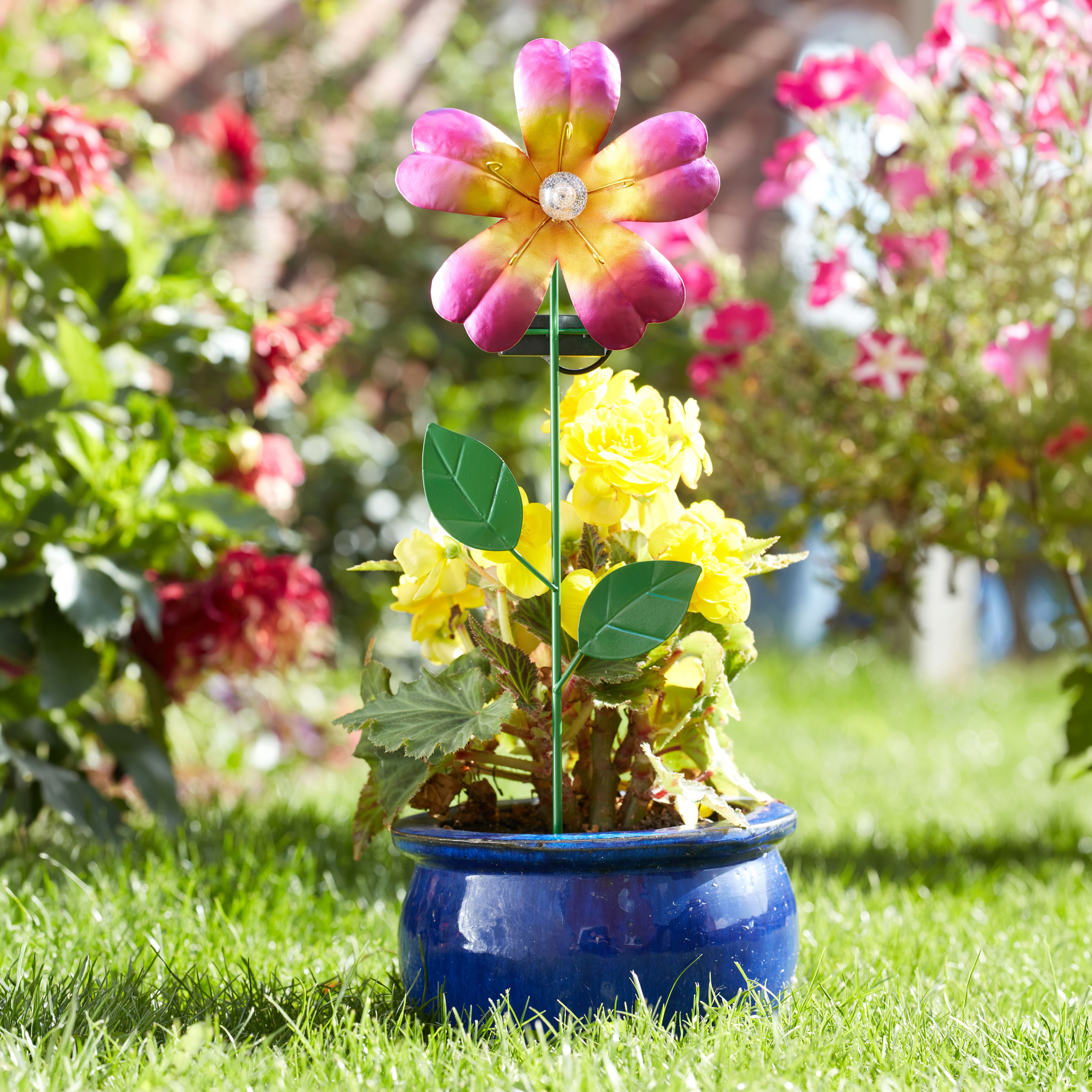 Smart Solar Pink & yellow Hand painted effect Flower Solar-powered LED Outdoor Stake light