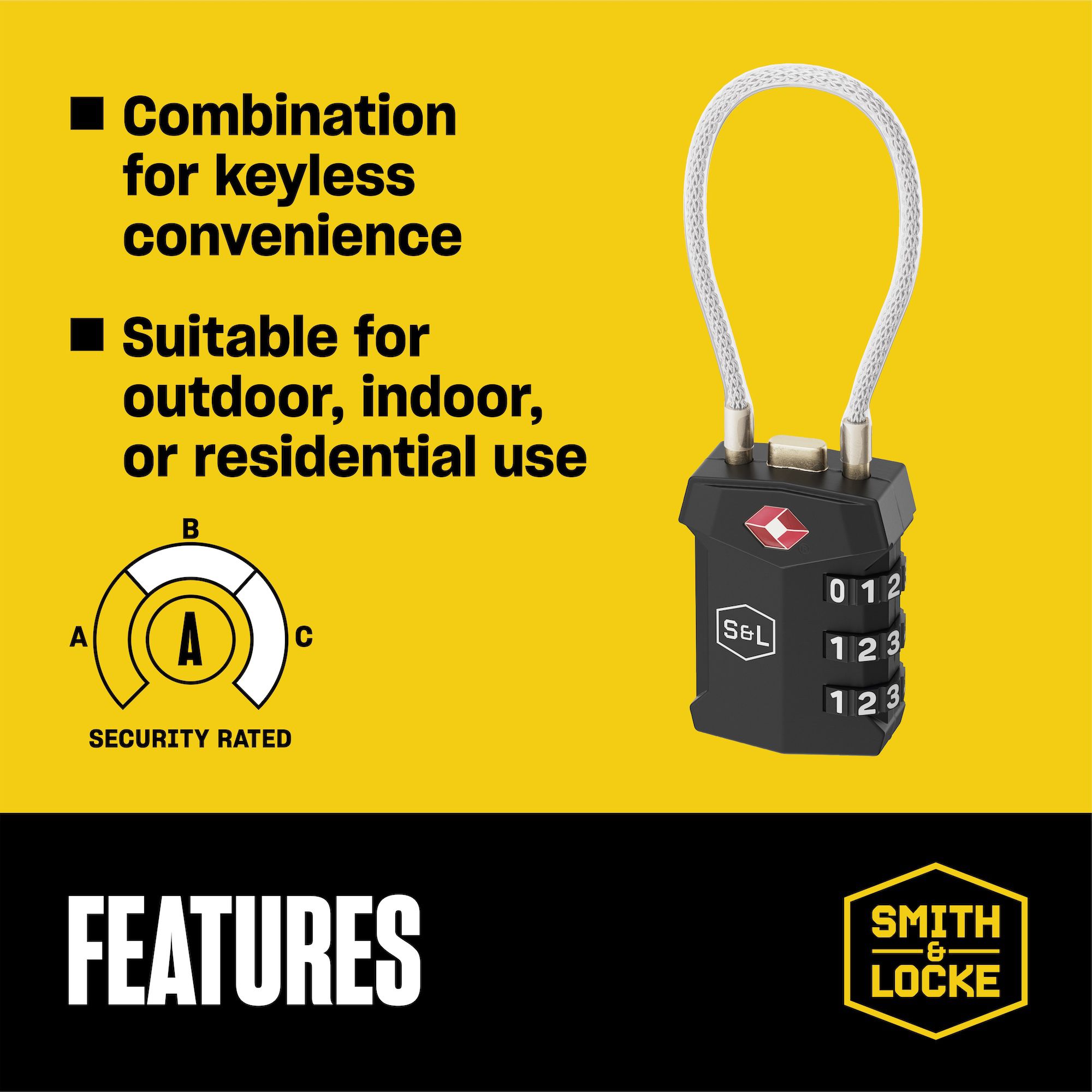 Smith & Locke Black Zinc alloy Resettable combination Closed shackle Padlock (H)86.5mm (W)32mm