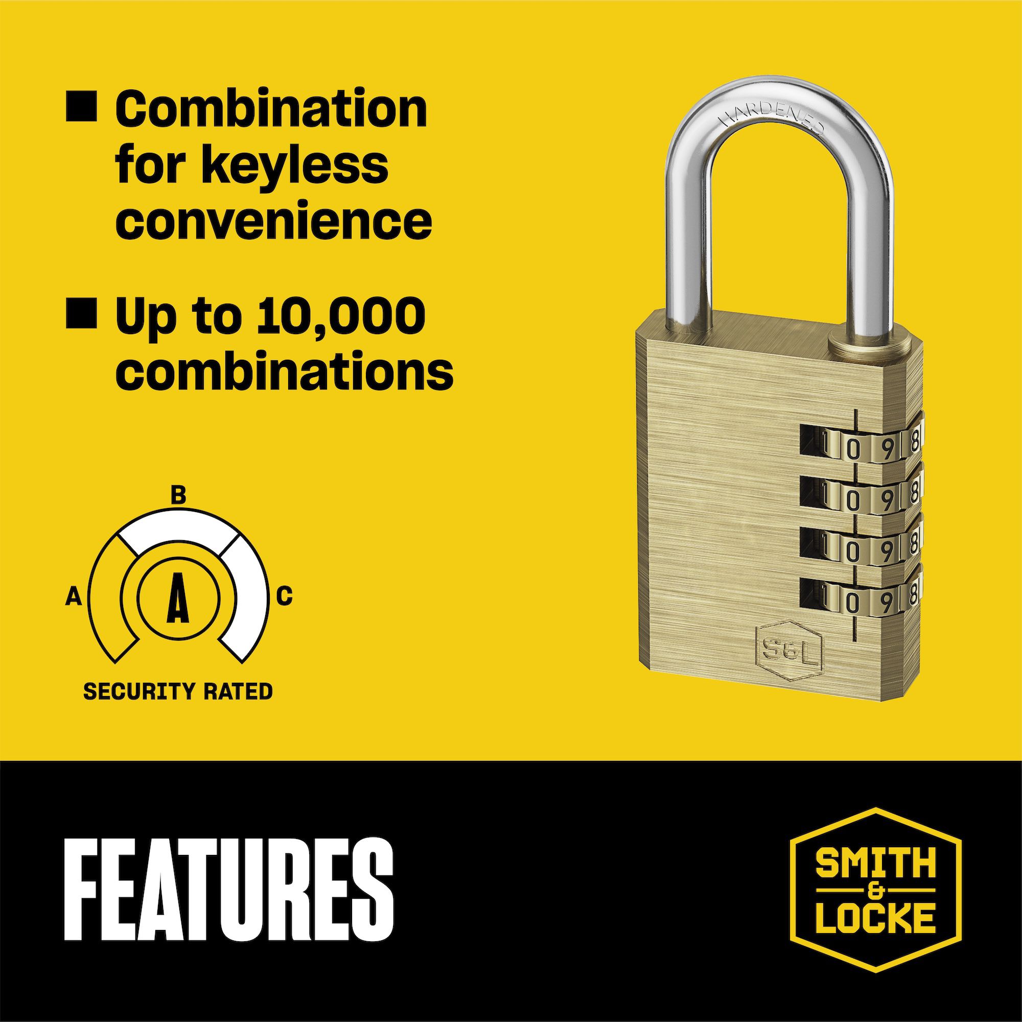 Smith & Locke Brass Resettable combination Closed shackle Padlock (H)51mm (W)50mm
