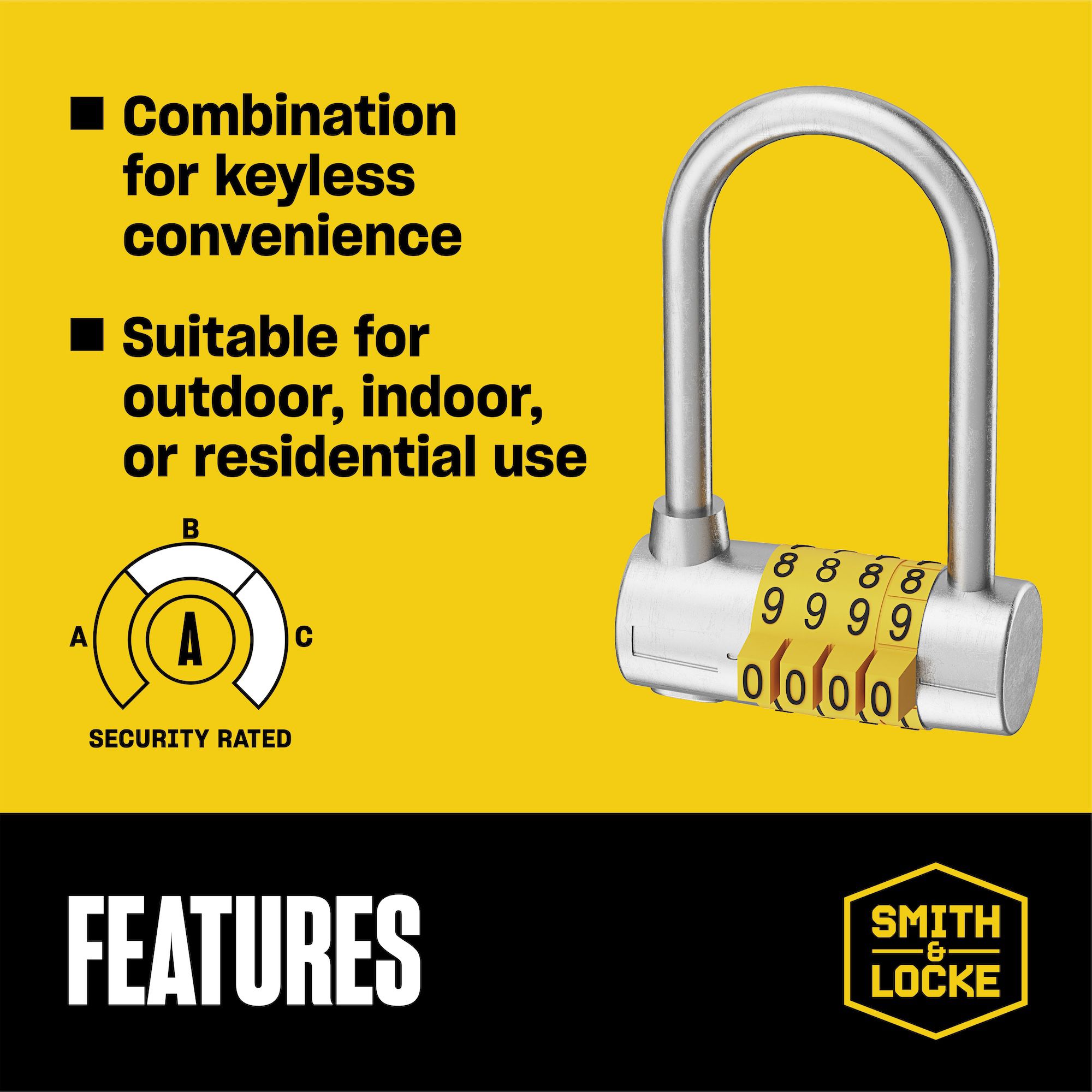 Smith & Locke Silver & yellow Zinc alloy Resettable combination Closed shackle Padlock (H)98.5mm (W)60mm