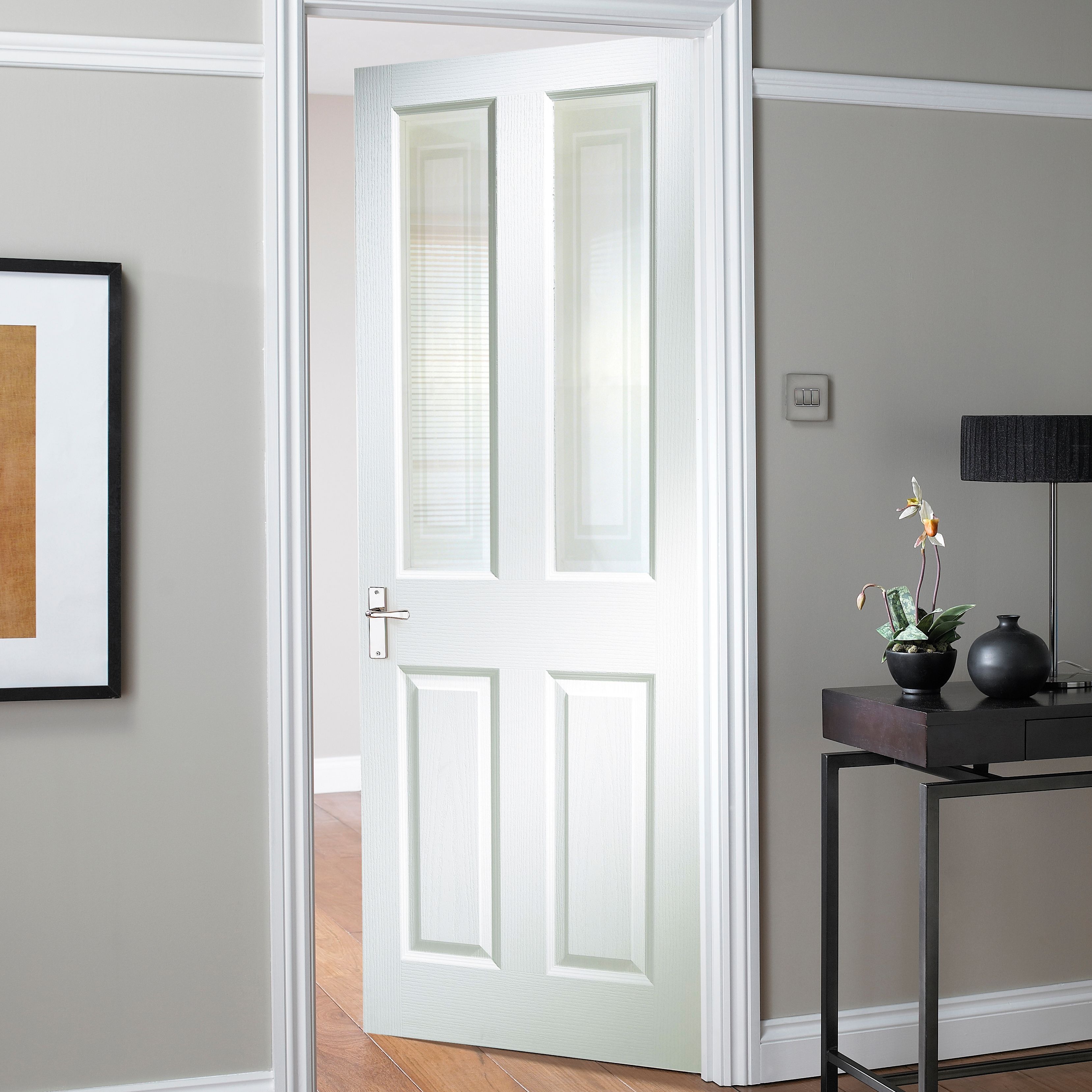 Smooth 4 panel Frosted Glazed Contemporary White Woodgrain effect Internal Door, (H)1981mm (W)762mm (T)35mm
