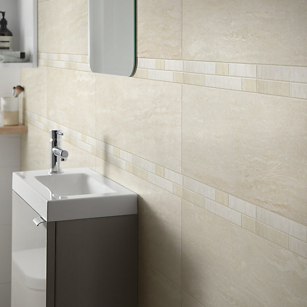 Soft Travertin Beige Mosaic Stone, Ceramic Tile Borders For Bathrooms