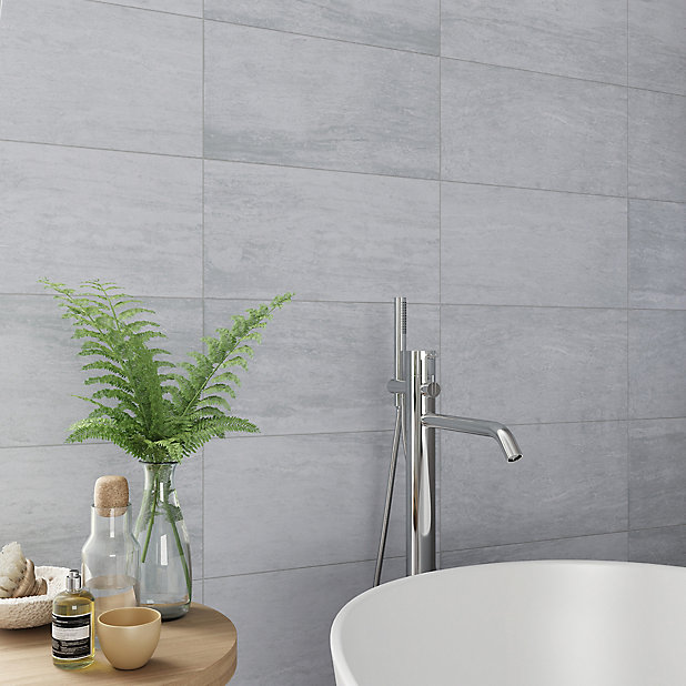 Soft Travertin Grey Matt Patterned, Bathroom Wall Tiles B Q
