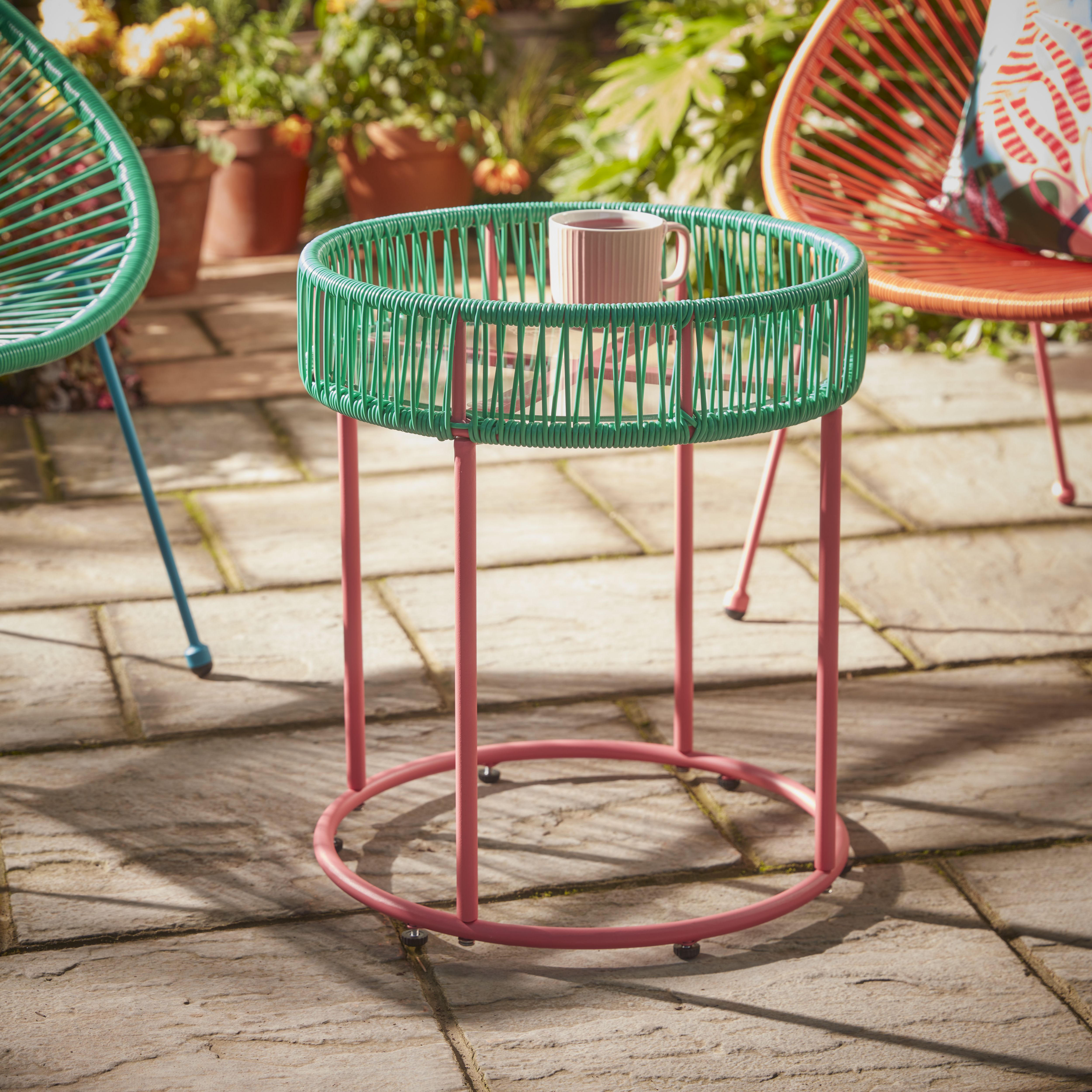 Solano Green & Pink Metal Round Side table with Glass Tabletop