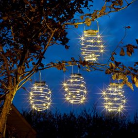 Solar Gold Silver effect Spiral Solar-powered LED Outdoor Hanging light, Pack of 4