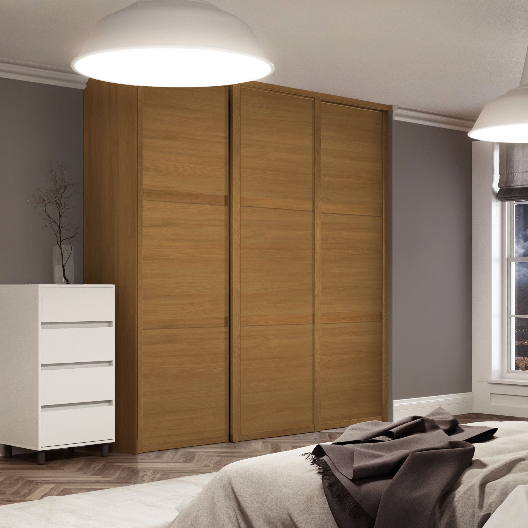 Spacepro 3 Panel Natural oak effect Sliding wardrobe door (H)2220mm (W)762mm