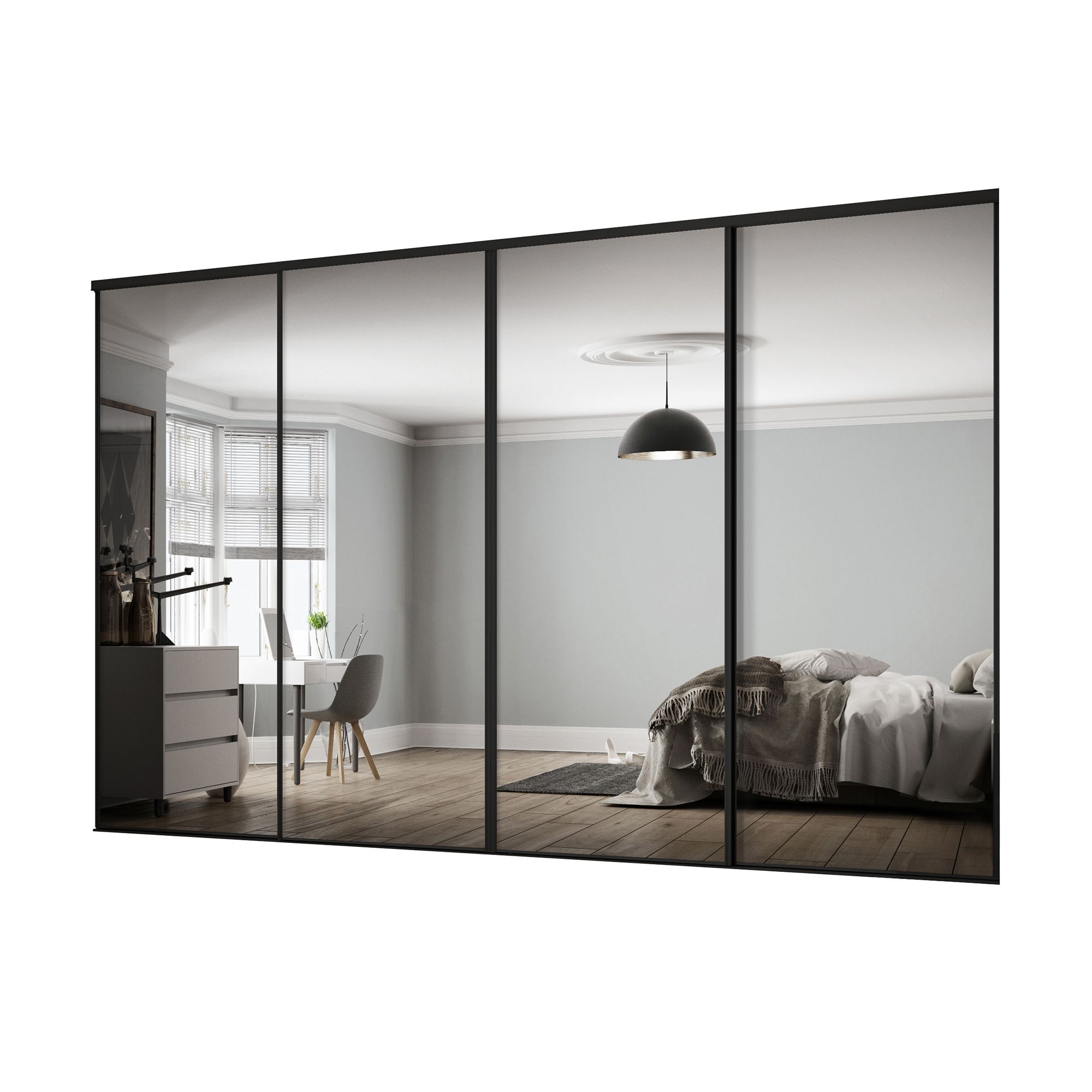 Spacepro Classic Mirrored Gloss black 4 door Sliding Wardrobe Door kit (H)2220mm (W)2978mm