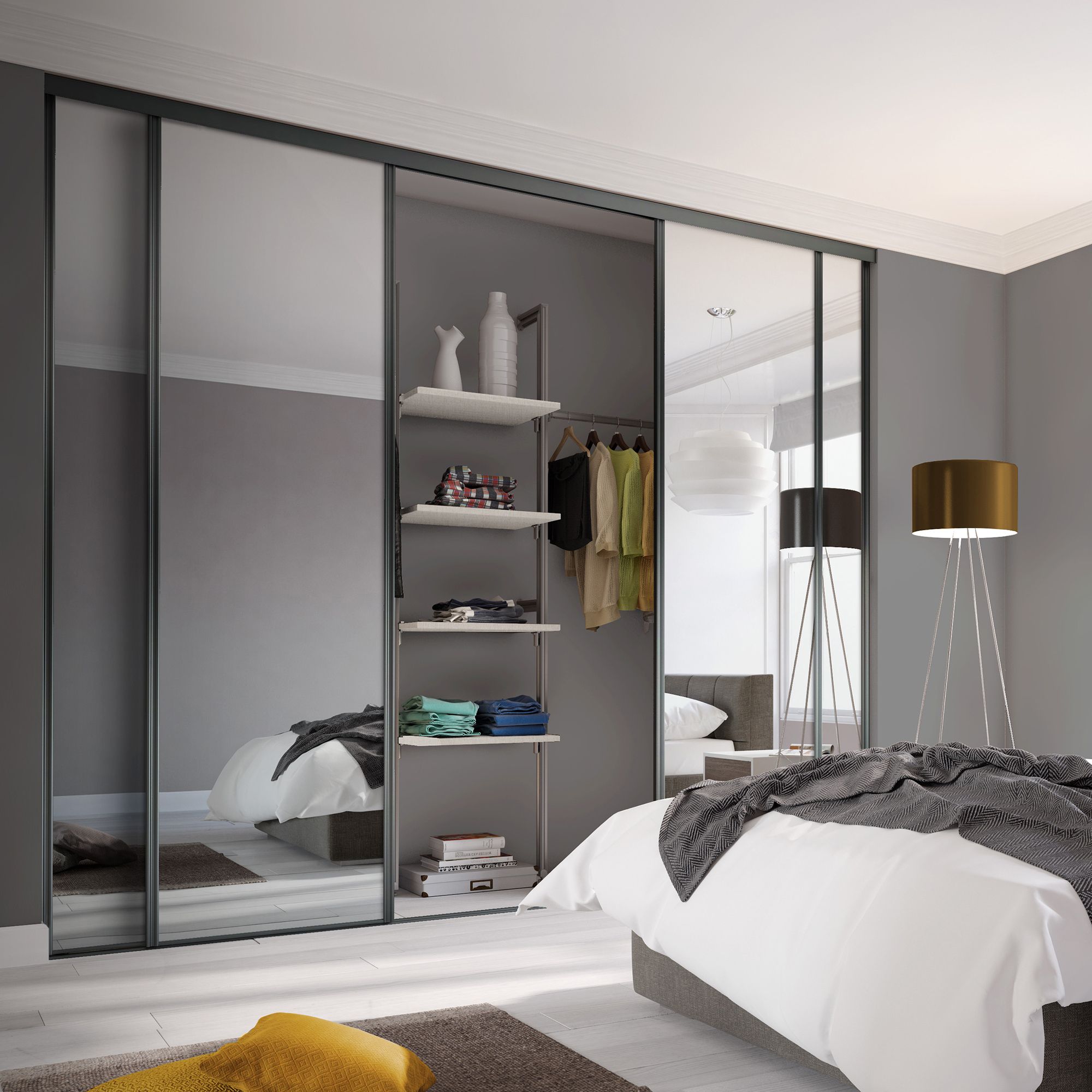 Spacepro Classic Panelled Mirrored Gloss graphite 4 door Sliding Wardrobe Door kit (H)2220mm (W)2370mm